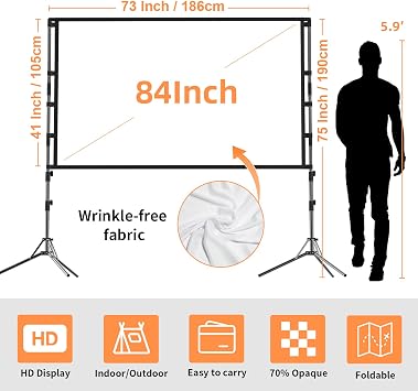 Projector Screen with Stand, GAINVANE 84 Inch Indoor Projector Screen Portable Outdoor Cinema, 16:9 HD Rear Front Garden Projection Screen with Carry Case for Home Party Theater Nights
