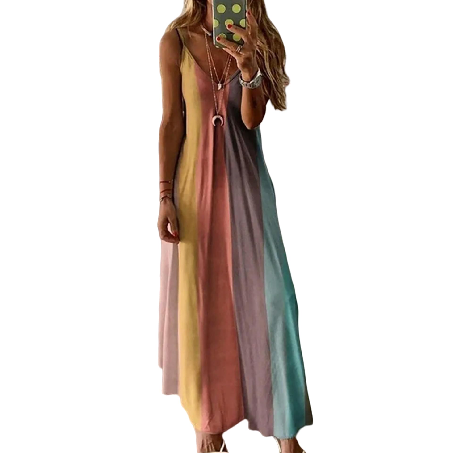 Vestido de Talla Grande para Mujer, Vestido Largo Informal de Verano con Estampado Degradado, Vestido Largo Elegante con Cuello en V y Tirantes sin Mangas, Vestido de Playa Maxi