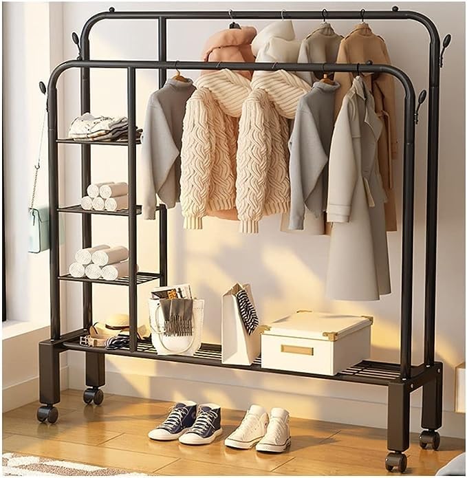 Image of HomeCloud Cloth Drying Stand | Multipurpose Dual Rod + Wheels Garments Rack with Bottom Shelf for Coat Hanger Home, Storage Organizer 1pc (Black Shelves)