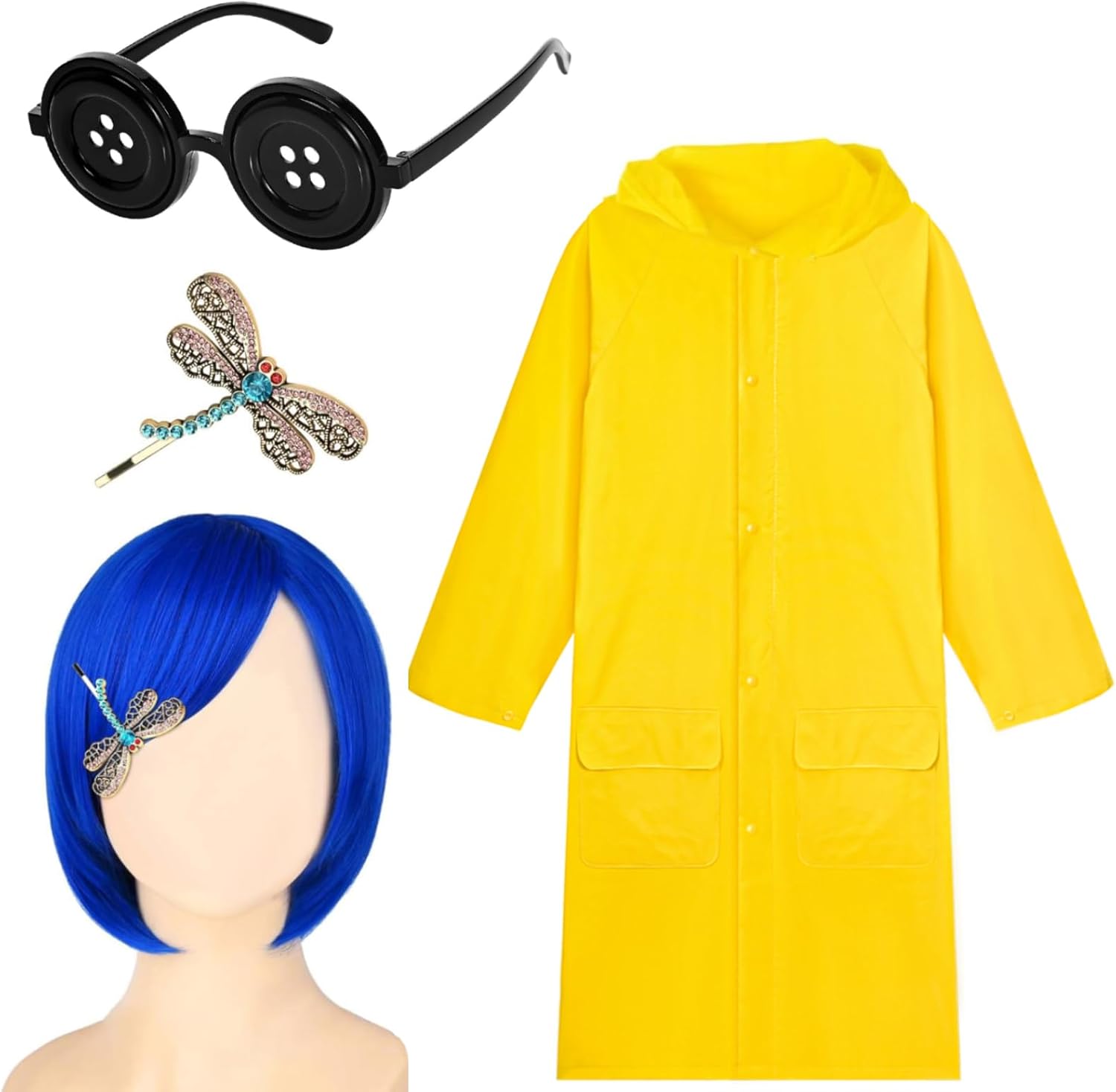 5 Pcs Halloween Character Costume Include Raincoat,Wig,Gloves,Button Glasses and Hair Pin for Party Cosplay (Small)