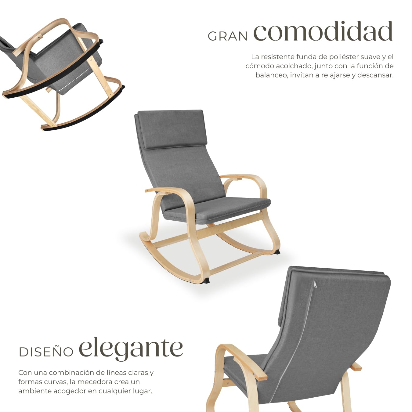 tectake® Mecedora Roca de Madera de Abedul 150kg, Silla Mecedora, Oscilante, Sillón Ergonómico para Balanceo - Gris Claro