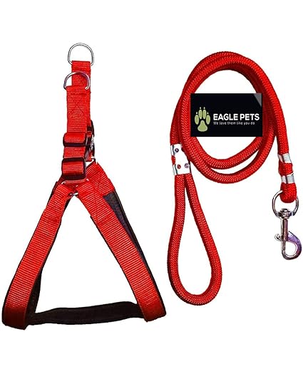 EAGLE PETS Set of Dog Harness & Rope for Pets , Adjustable Padded Body Belt . (Red, Medium)