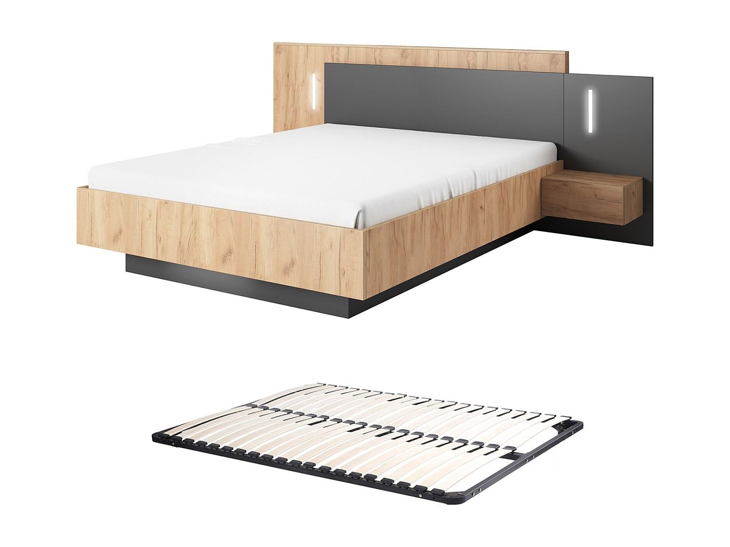 Vente-unique - Lit 140 x 190 avec sommier LED - Gris Anthracite, Naturel Clair - avec Tiroir - FRANCOLI