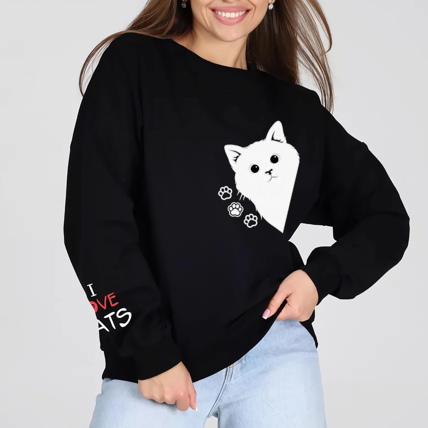 Women Graphic Cat Embroidery Crewneck Sweatshirts Funny Claws Pullover Tops Cat Lovers - Image 5