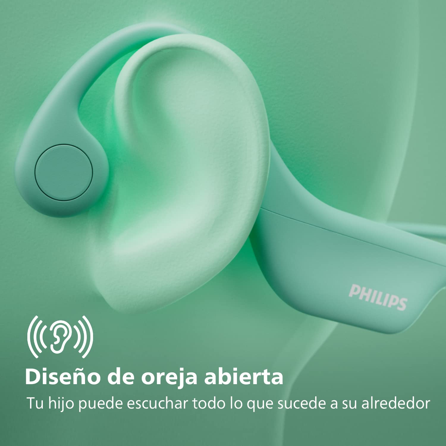 Philips TAK4607GR/00 Auriculares Inalámbricos Abiertos para Niños, Protección IPX5 contra el Agua y hasta 5 Horas De Reproducción, Control Parental, Banda De Sujeción Ajustable, Verde