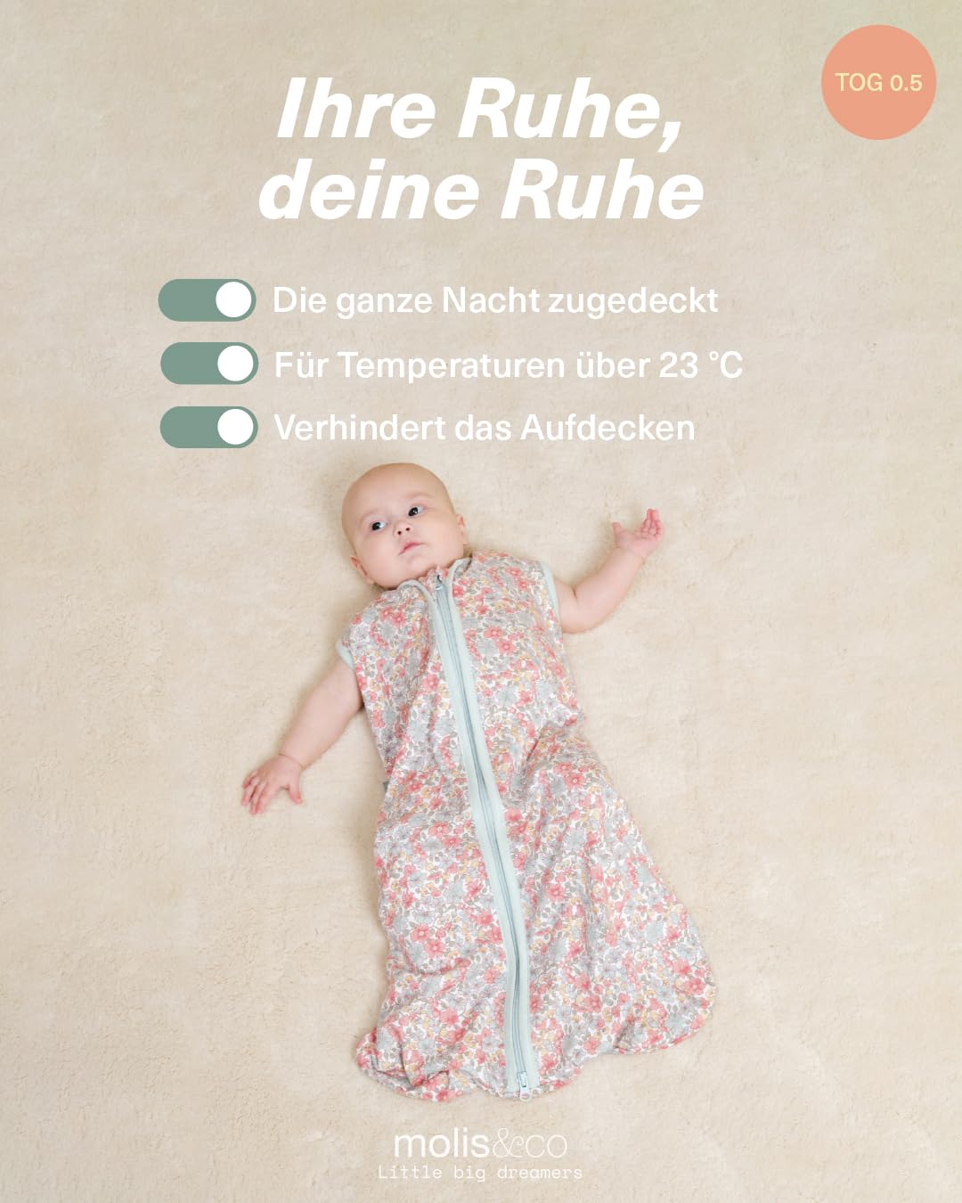 molis&co - Baby Schlafsack 0.5 TOG - Ideal für den Sommer - 100% Baumwolle (Oeko-TEX 100) - 0-6 Monat (70 cm) - Summer Bloom