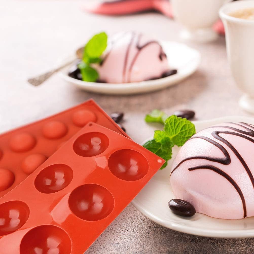 Semicircle Silicone Mold Set of 2 - Half Sphere Mold Dome Bakeware Set for Cake Decoration, Half Circle Baking Tray for Teacake, Soap, Chocolate Desserts, Ice Cream Bombes (6 Holes & 8 Holes)
