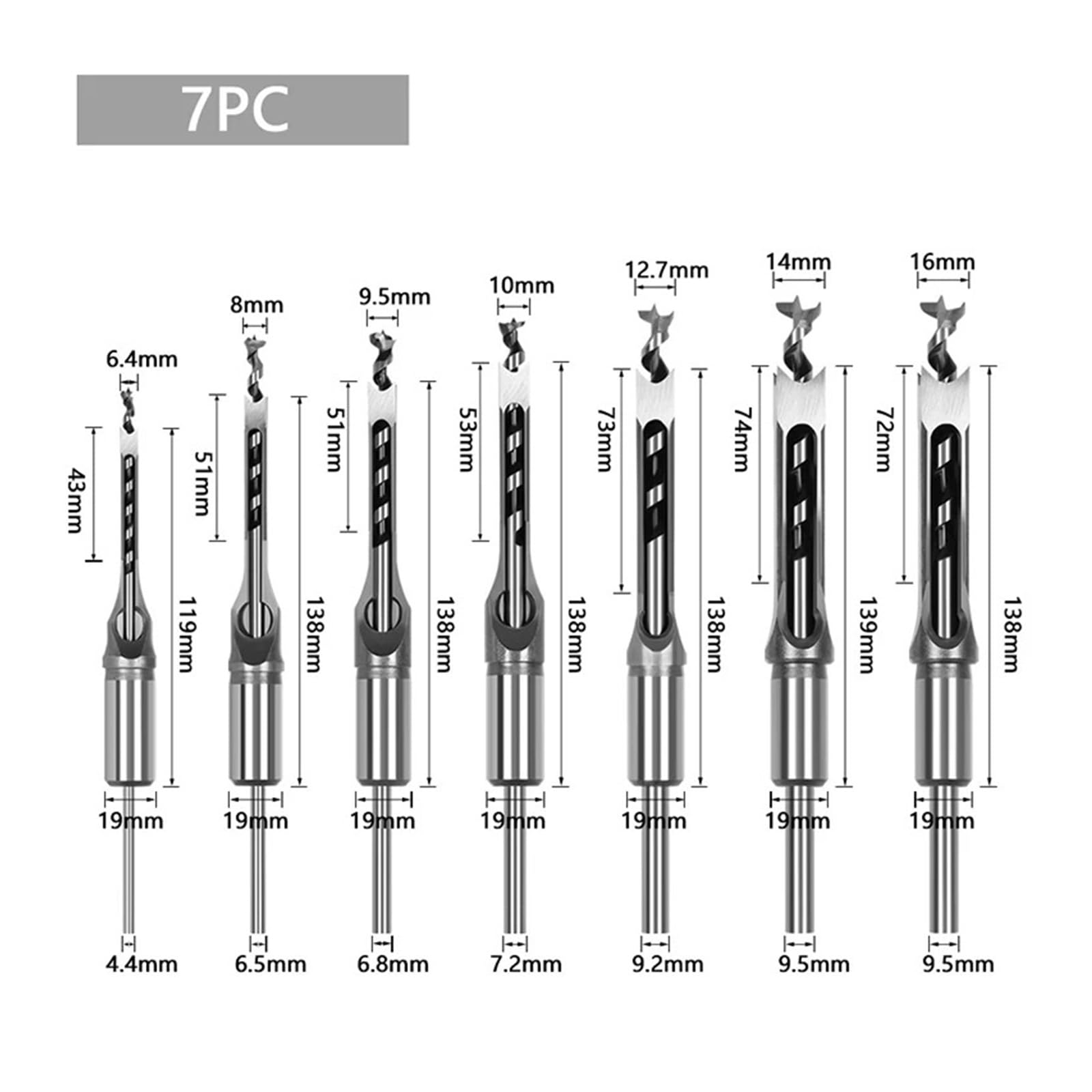 Set Di 7 Punte For Trapano For Fori Quadrati For Lavorazione Del Legno, Scalpelli For Mortasatrici, Punte For Trapano A Colonna