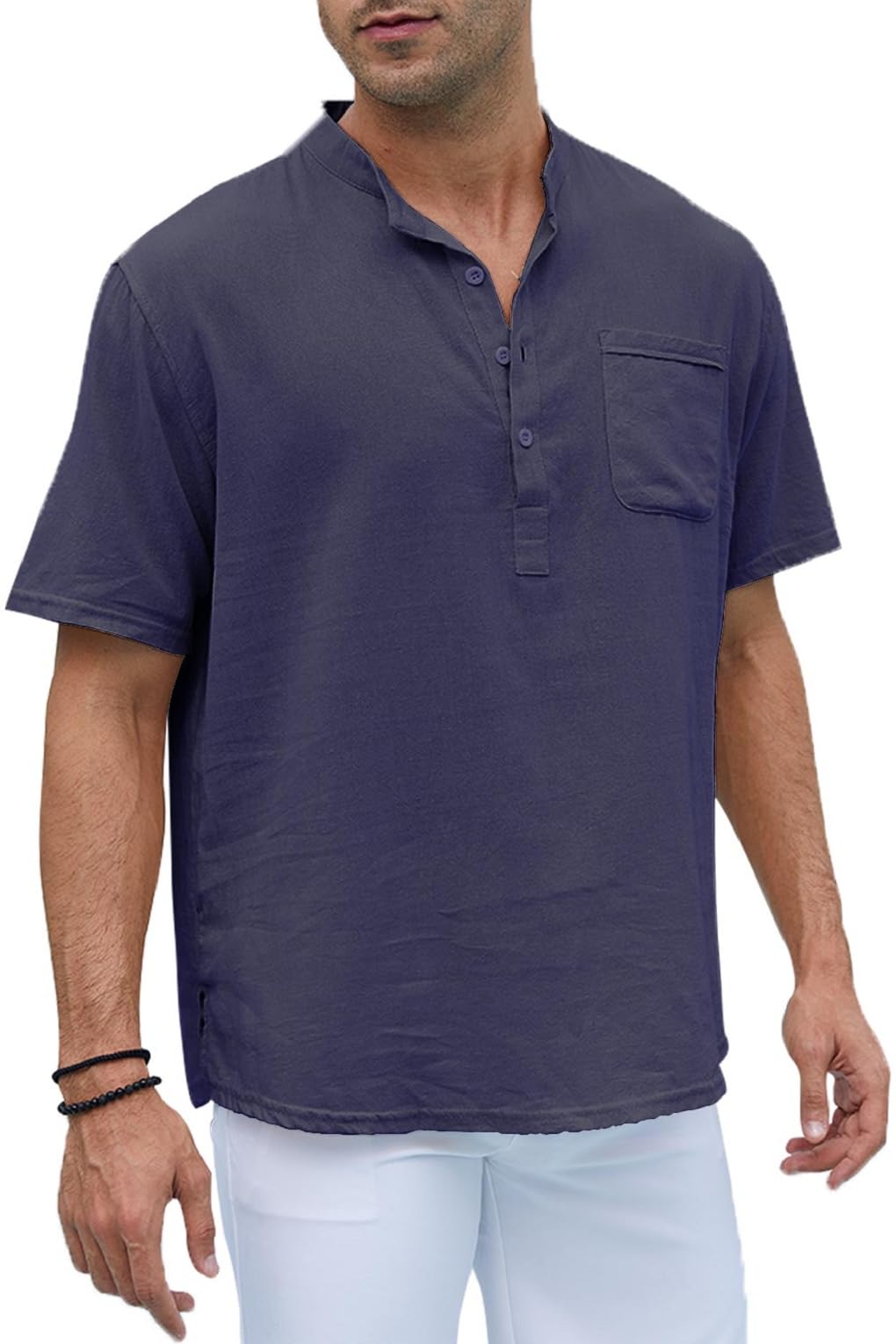 Joligiao Camisa de Lino Hombre Manga Corta Camisas de Verano con Bolsillo Camisa Suelta de Ocio de Color Sólido con Botónes Cuello Mao Transpirable Camisas Casual Camisa Hawaiana Estilo