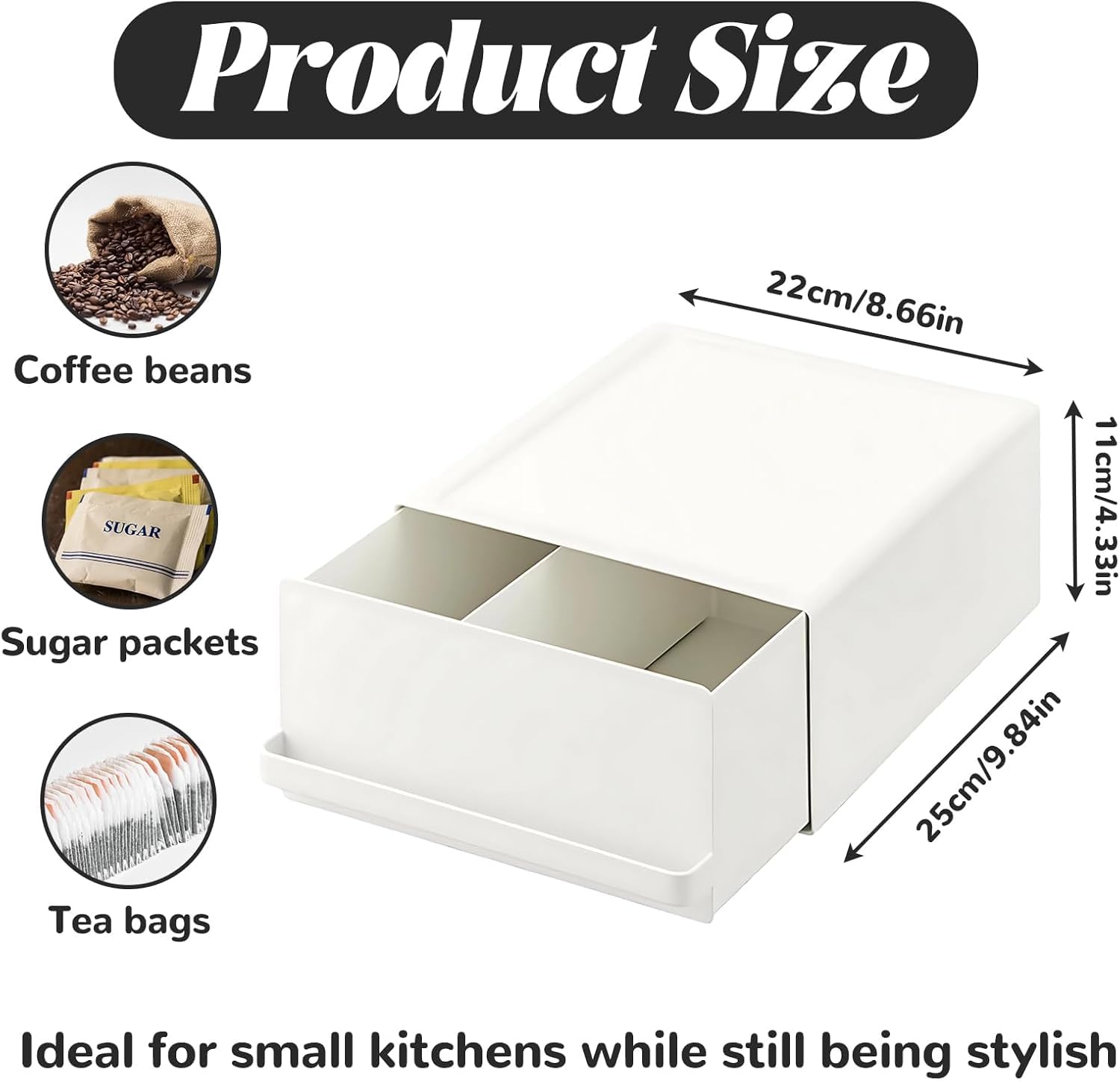 Uchwyt na kapsułki z kawą, 27,5 x 22,2 x 11,5 cm, z szufladą, wykonany ze stali węglowej, nośność 11 kg, organizer do kawy, miksera, czajnika, biały