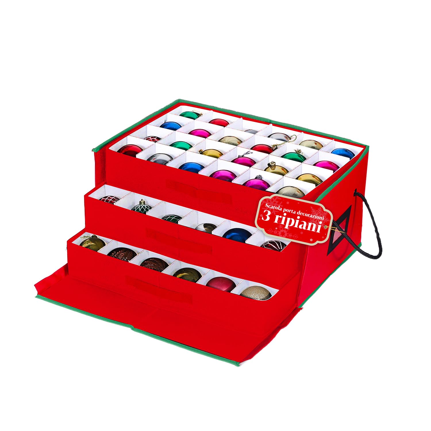 Avilia – Scatola Porta Addobbi di Natale con 3 Cassetti Estraibili per 72 Palline di Natale, Struttura Rigida in TNT 51x35x24 cm, Zip Robusta e Etichetta Trasparente per Conservazione Ordinata