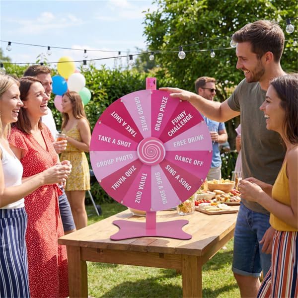 24 Inch Height Adjustable Prize Wheel (Pink) – 2-in-1 Tabletop/Floor Standing Spinning Wheel with Smooth Spin, Write-Wipe Surface, Carnival Game Wheel