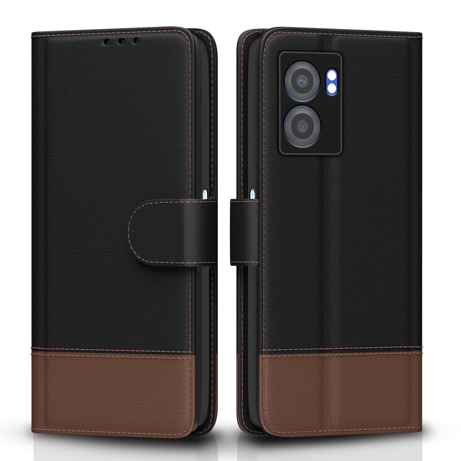 Amazon Basics Flip Cover for Realme Narzo 50 5G | Wallet Style & Stand | Dual-Tone PU Leather Finish | Magnetic Flip Case (Black & Brown)