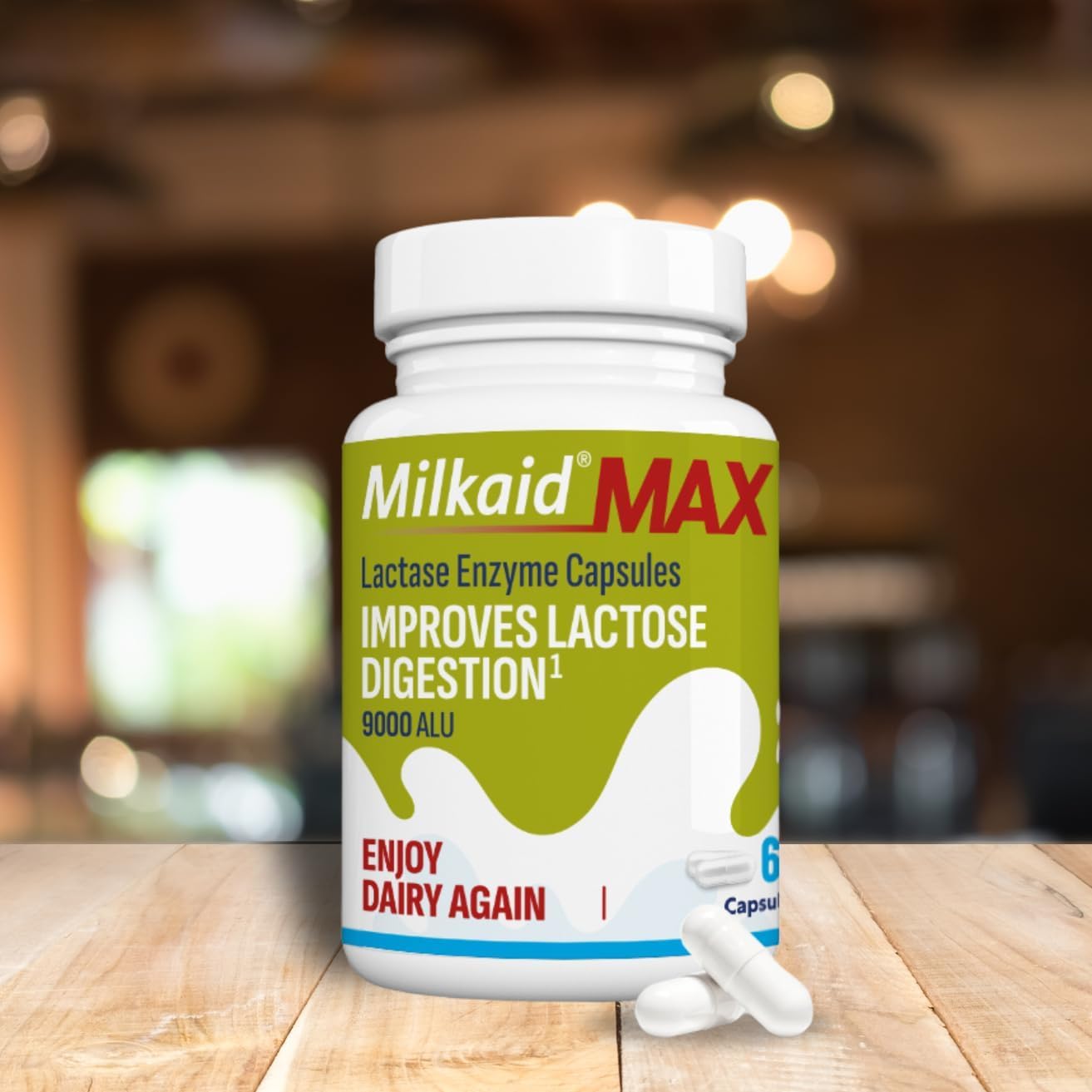 Milkaid Max Capsules for Lactose Intolerance Relief with Lactase Enzyme, Dietary Supplement to Help Prevent Gas, Bloating & Diarrhea Due to Lactose Sensitivity | 9000 ALU (60 Capsules, Unflavored) — Amazon image 2