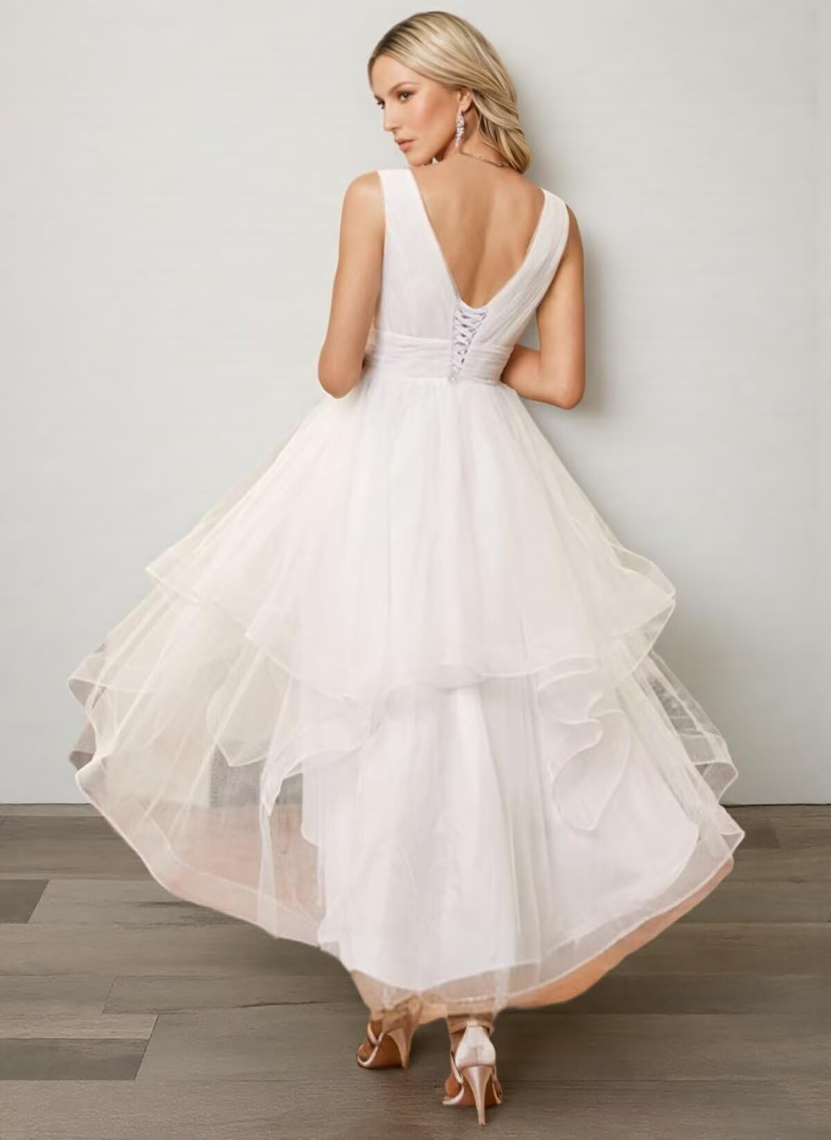 Tüll Midi Brautkleider für Braut Tee Länge Boho Spitze Hochzeitskleider mit Ärmeln für Frauen