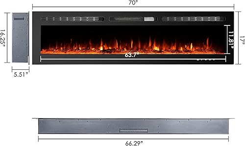 Miniatura 5 de CharaVector - Insertos de chimenea eléctrica de 70 pulgadas 750W/1500W con control remoto en montaje en pared, calentador de chimenea de inserción