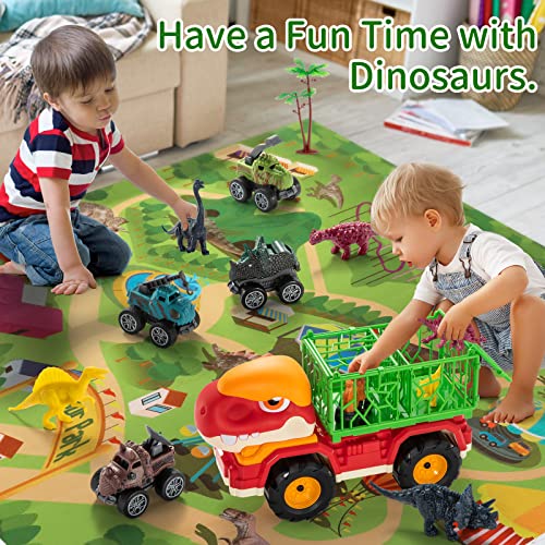 Magicdinosaur Dinosaur Toy Truck Play Set Includes 3 Mini Pull Back Dino Race Cars, 3 Dino Construction Trucks, 6 Realistic Dinosaur Figures, 2 Trees And 1 Play Mat, Gift Truck For Kids 3 4 5 6 7 Year #TOP1