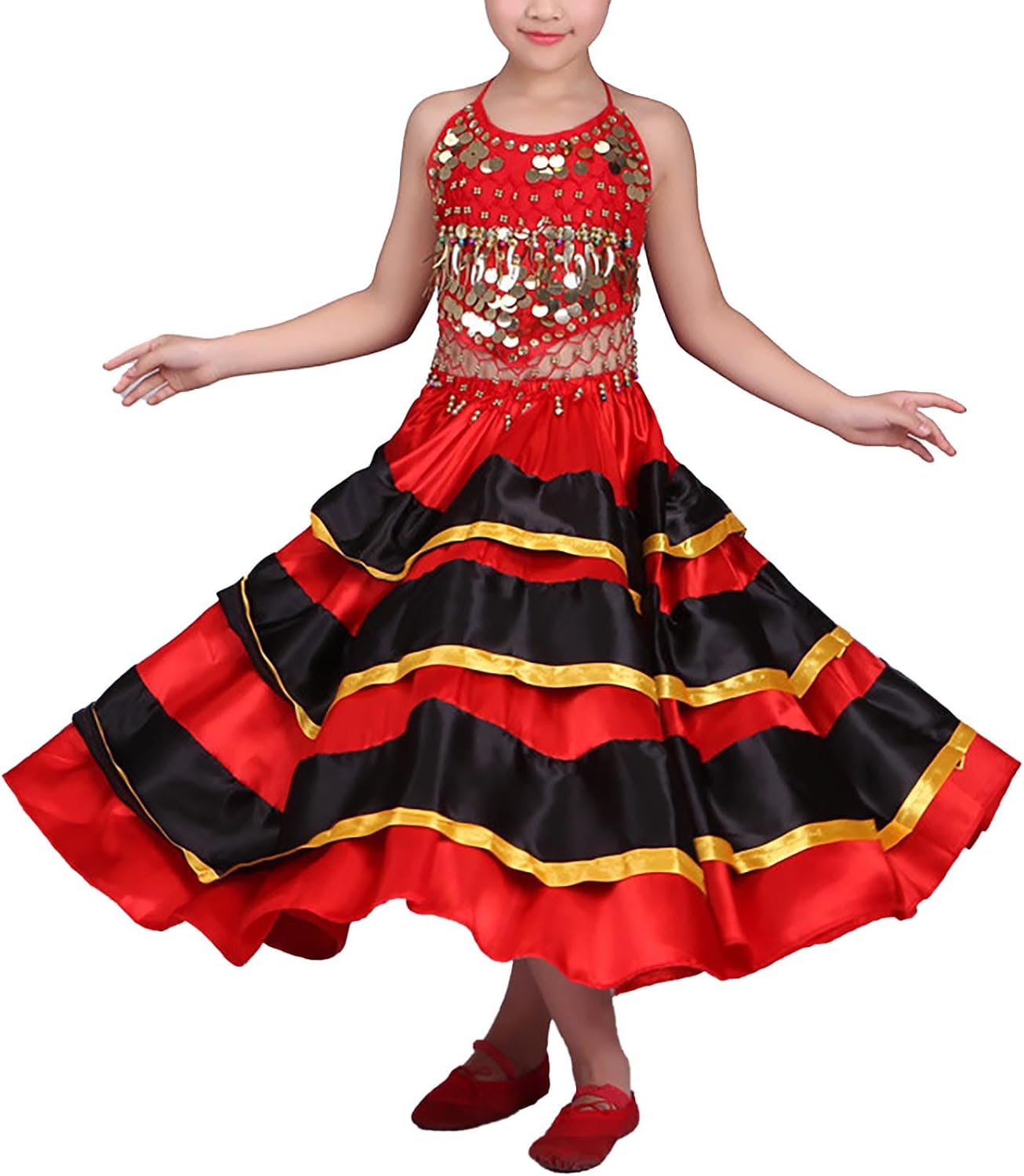 Kids Girls Spanish Bull Dance Skirt Belly Dance Skirts Big Swing Flamenco Gypsy Dancer Performance Costume