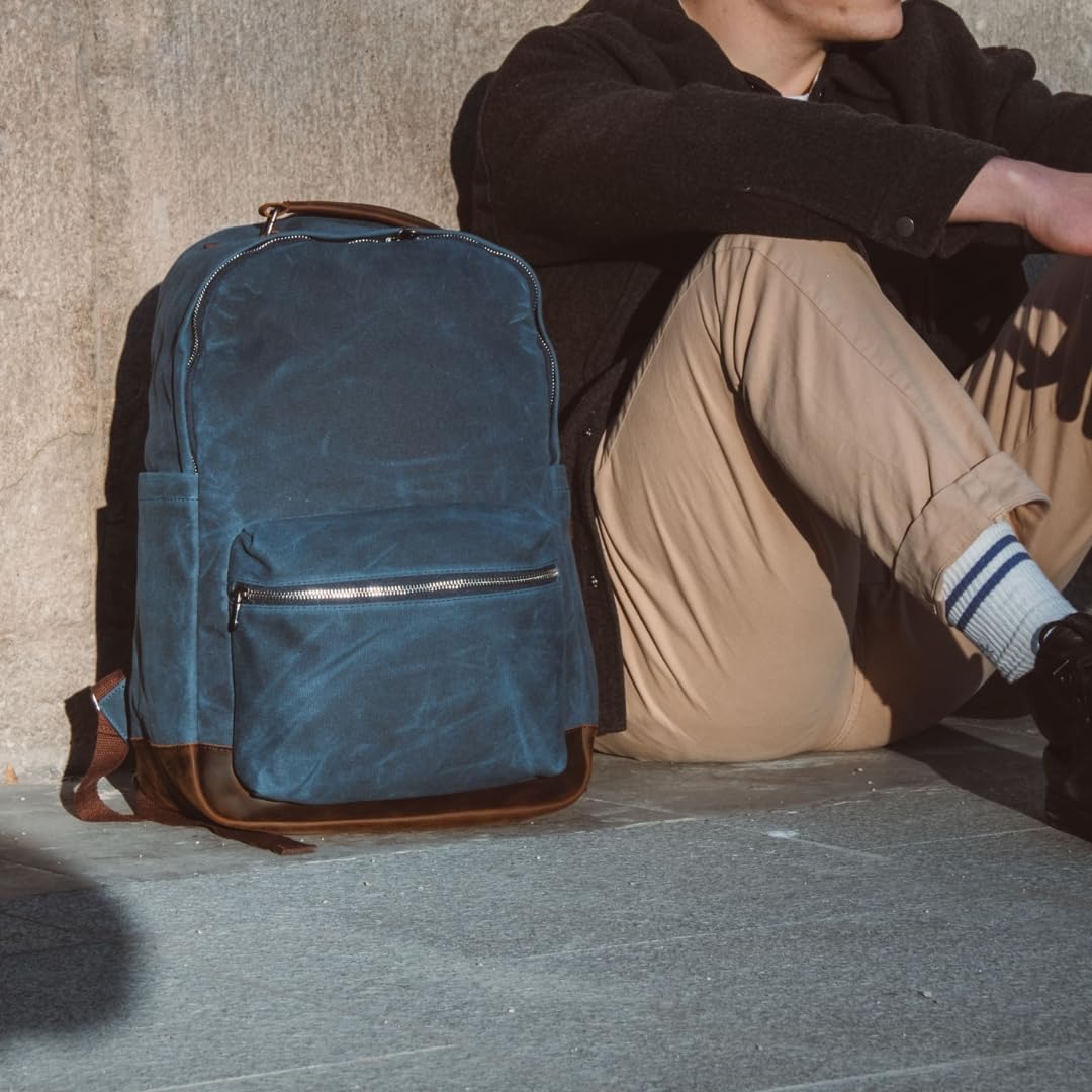 Double Oak Essentials Canvas Leather Backpack, Waxed Canvas with Full-Grain Cowhide Trim, Vintage Style Daypack, Army Green (Blue)