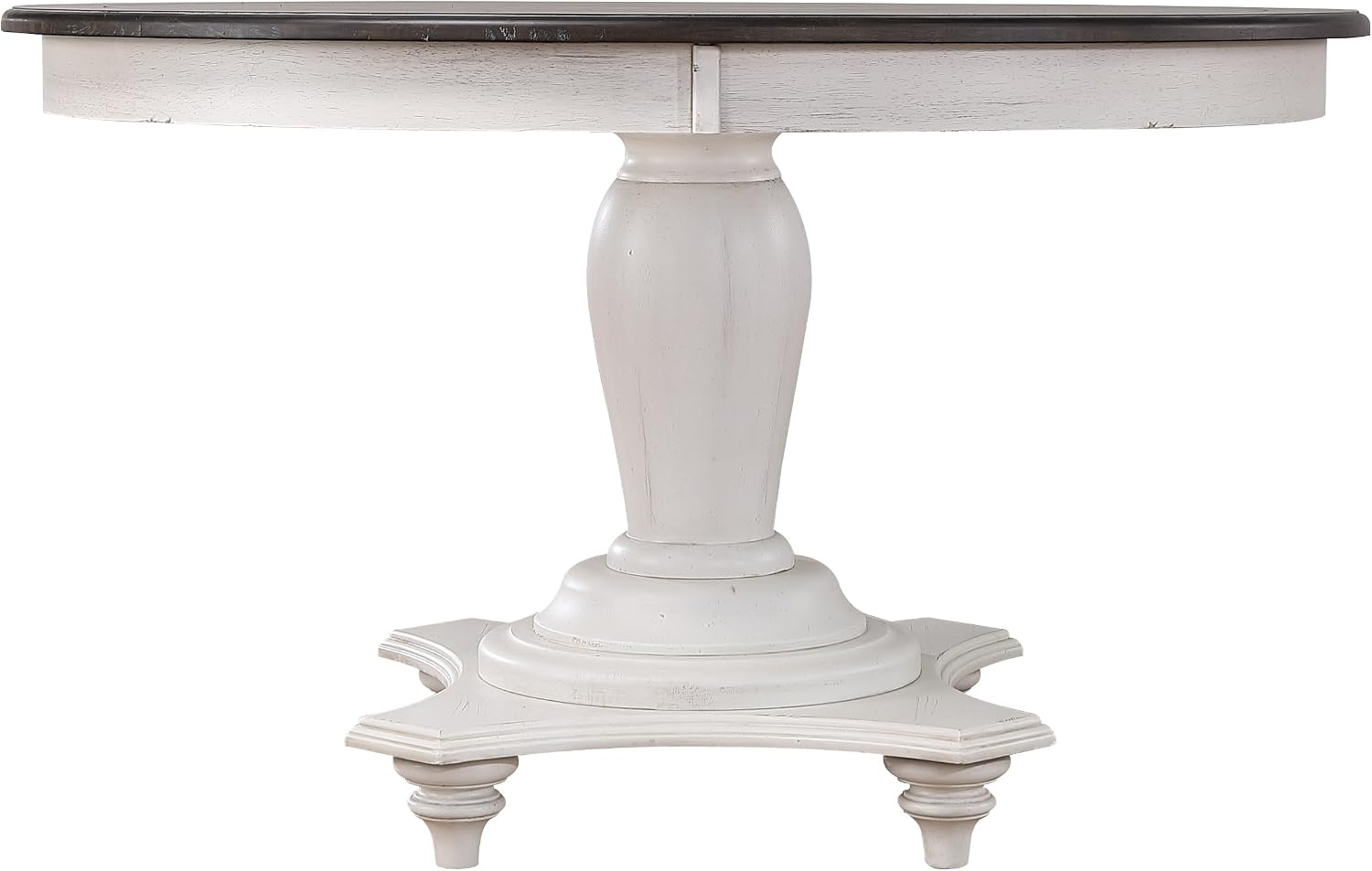 Sunset Trading French Chic 48" Round Adjustable 30”H or 36” Counter Height Pedestal Dining Table Set | China Cabinet w Storage, Drawer, Open Shelves & 4 Stools | Distressed White & Brown Wood |Seats 6