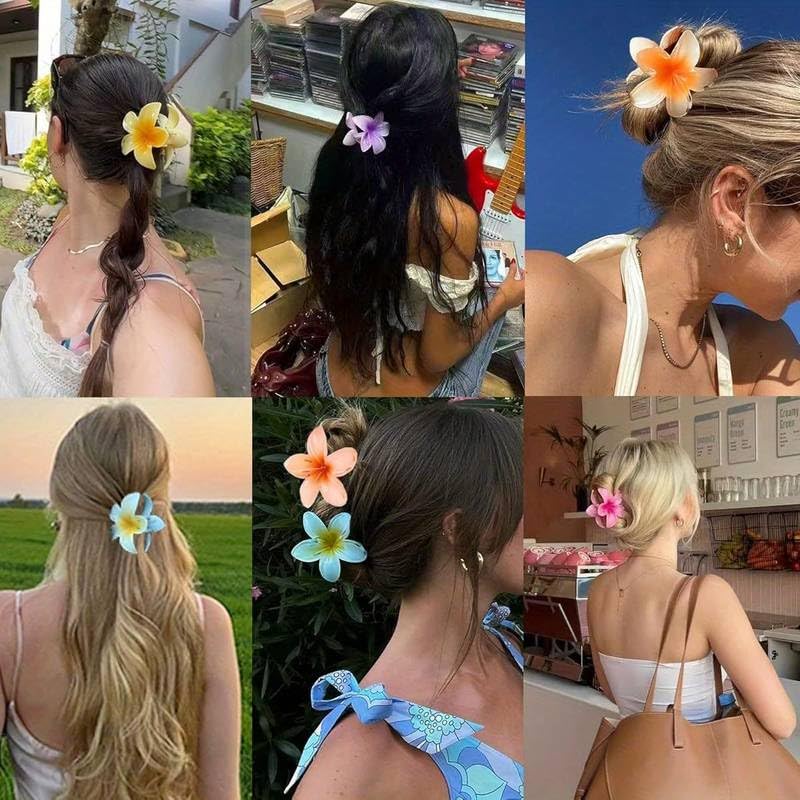 Image of Cerrito 6 Pcs Flower Hair Claw Clips - Hawaiian Plumeria, NonSlip Clutchers for Hair, Strong Hold Hair Accessories For Thick or Thin Hair, Beach, Everyday Use (Medium, Multicolor)