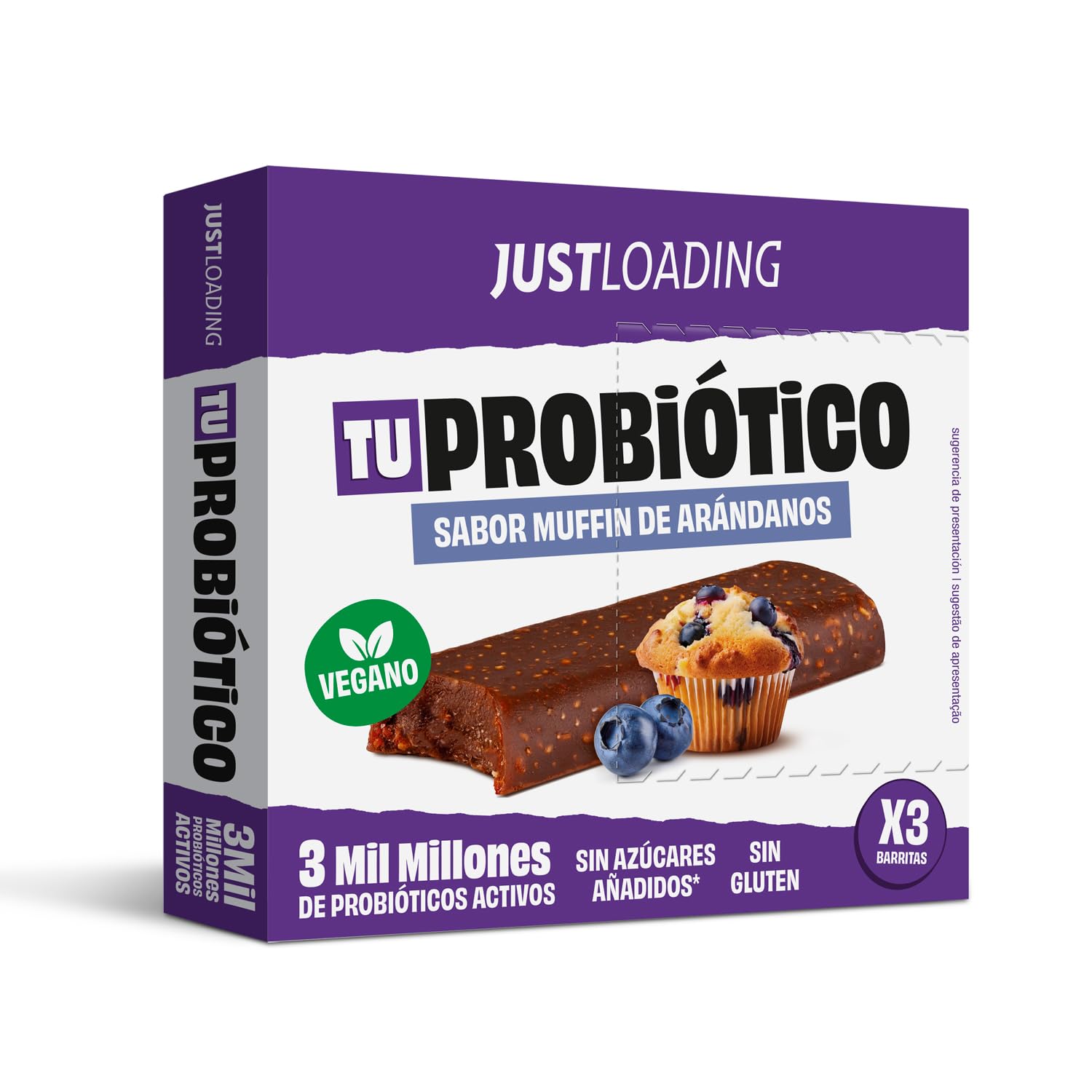 JustLoading Barrita con Probióticos Arándano | Sin Gluten·Lactosa | 42x35g | Con probióticos activos, equilibra flora intestinal. Energía sostenida sin pesadez. Proteína vegetal, fibra. Sin azúcares.