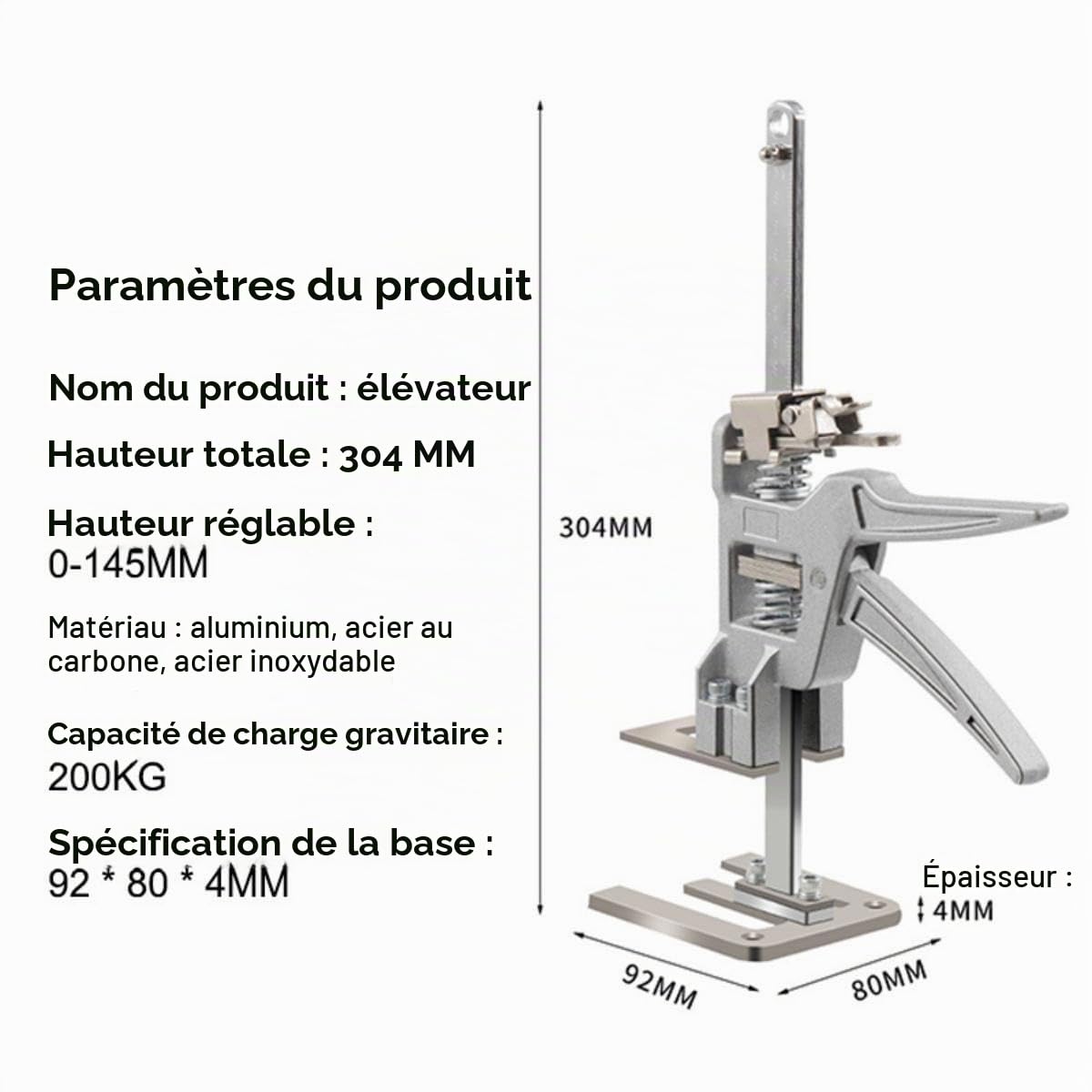 Lot de 2 vérins à bras entièrement en métal pour économiser la main-d'œuvre, dispositif de levage multifonction de réglage de la hauteur, mod descente à deux vitesses, cric d'armoire, cric pour