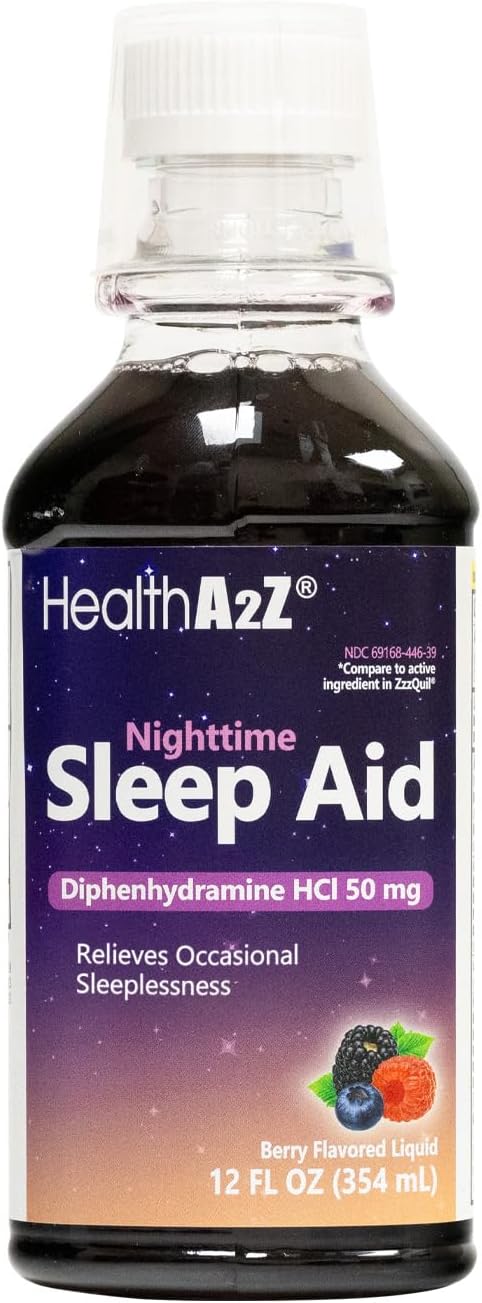HealthA2Z® Nighttime Sleep Aid, Diphenhydramine HCl 50mg, Berry Flavor Liquid, Fast Acting, No Pain Reliever, 12 Fl Oz