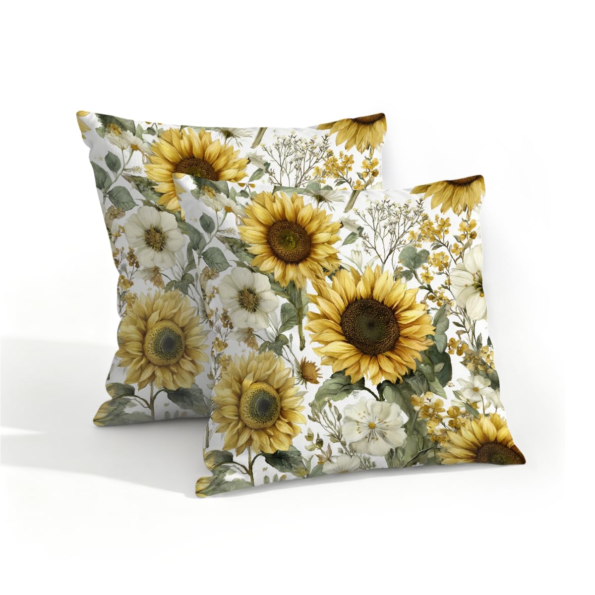 Outdoor Pillow Covers Waterproof Pillowcases 16x16in Set of 2 Retro Watercolor Sunflowers Floral Decorative Throw Cushion Case for Couch Sofa Garden Patio Furniture