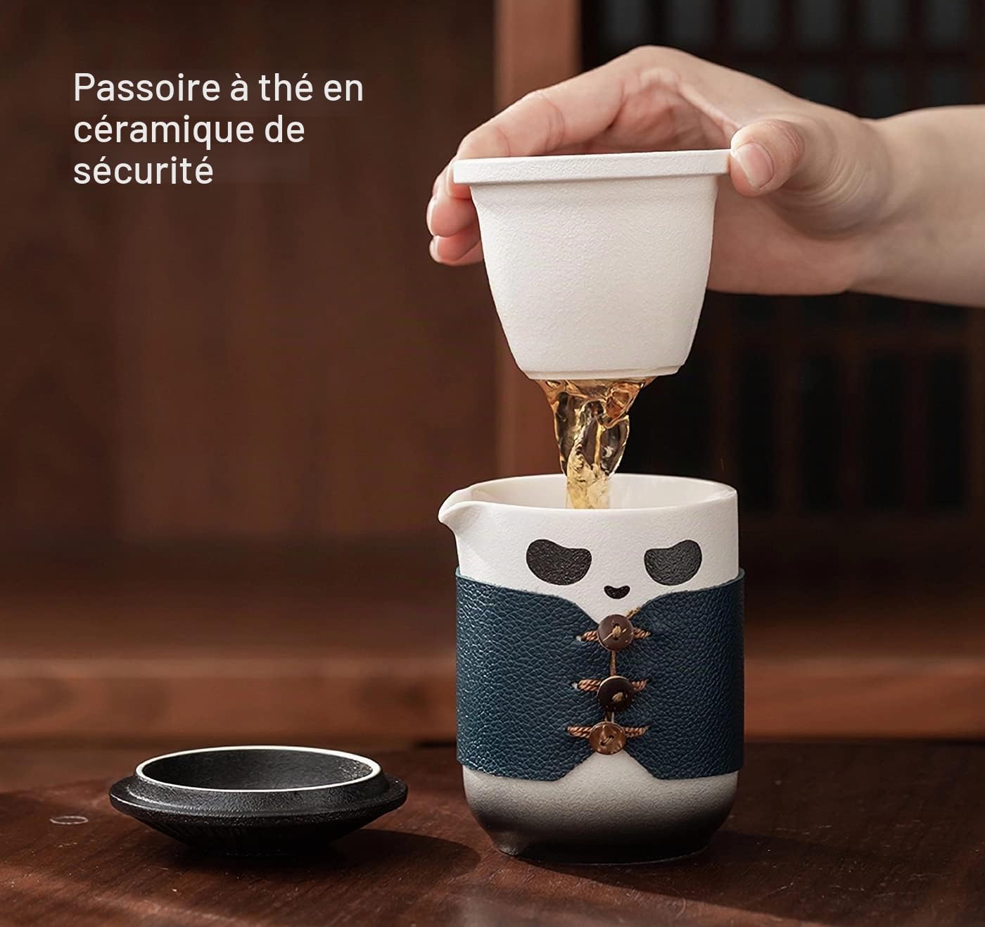 Ensemble de thé de voyage, tasse à thé Panda mignon avec sac de transport, 350ml céramique Kung Fu théière avec 4 tasses à thé en céramique avec filtre à thé. (Noir)