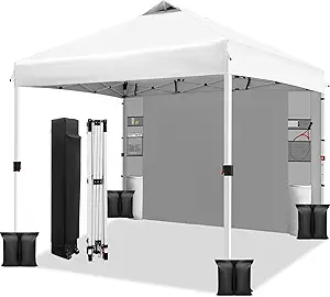 WEIZE 10x10 Pop Up Canopy Tent,One-Button Push Setup,Pop Up Tent with 1 Sidewall and 6 Pockets,Adjustable Height Instant Portable Shelter,4 Weight Bags,Sun Shade for Events & Beach (White)