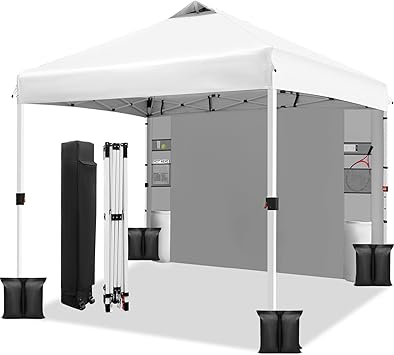 WEIZE 10x10 Pop Up Canopy Tent,One-Button Push Setup,Pop Up Tent with 1 Sidewall and 6 Pockets,Adjustable Height Instant Portable Shelter,4 Weight Bags,Sun Shade for Events & Beach (White)