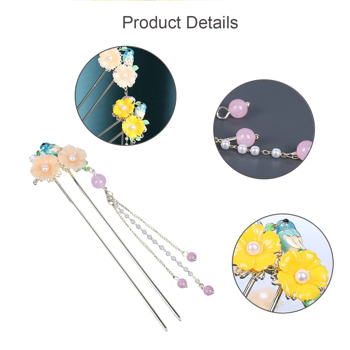 baguette pour cheveux, Épingle à cheveux antique en forme de U, baguettes à cheveux, épingles à cheveux de fixation de chignon, bâtons de cheveux en forme de U à double fleur rose, accessoires de pinc