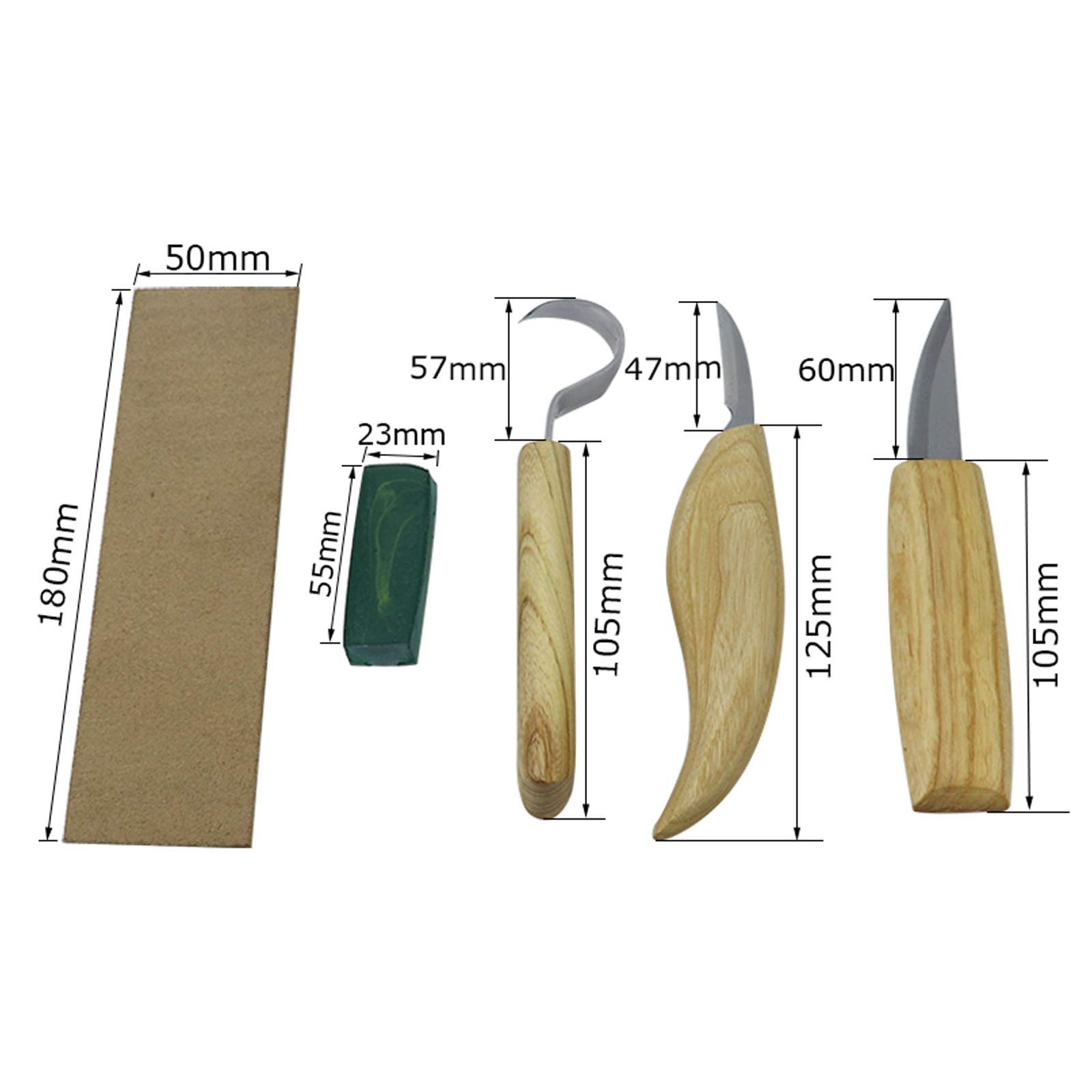 Juego de herramientas para tallar madera 5 en 1, cuchillo de gancho, cuchillo para tallar madera, cuchillo para tallar virutas con compuesto de pulido de correa de cuero para esculturas de bricolaje,