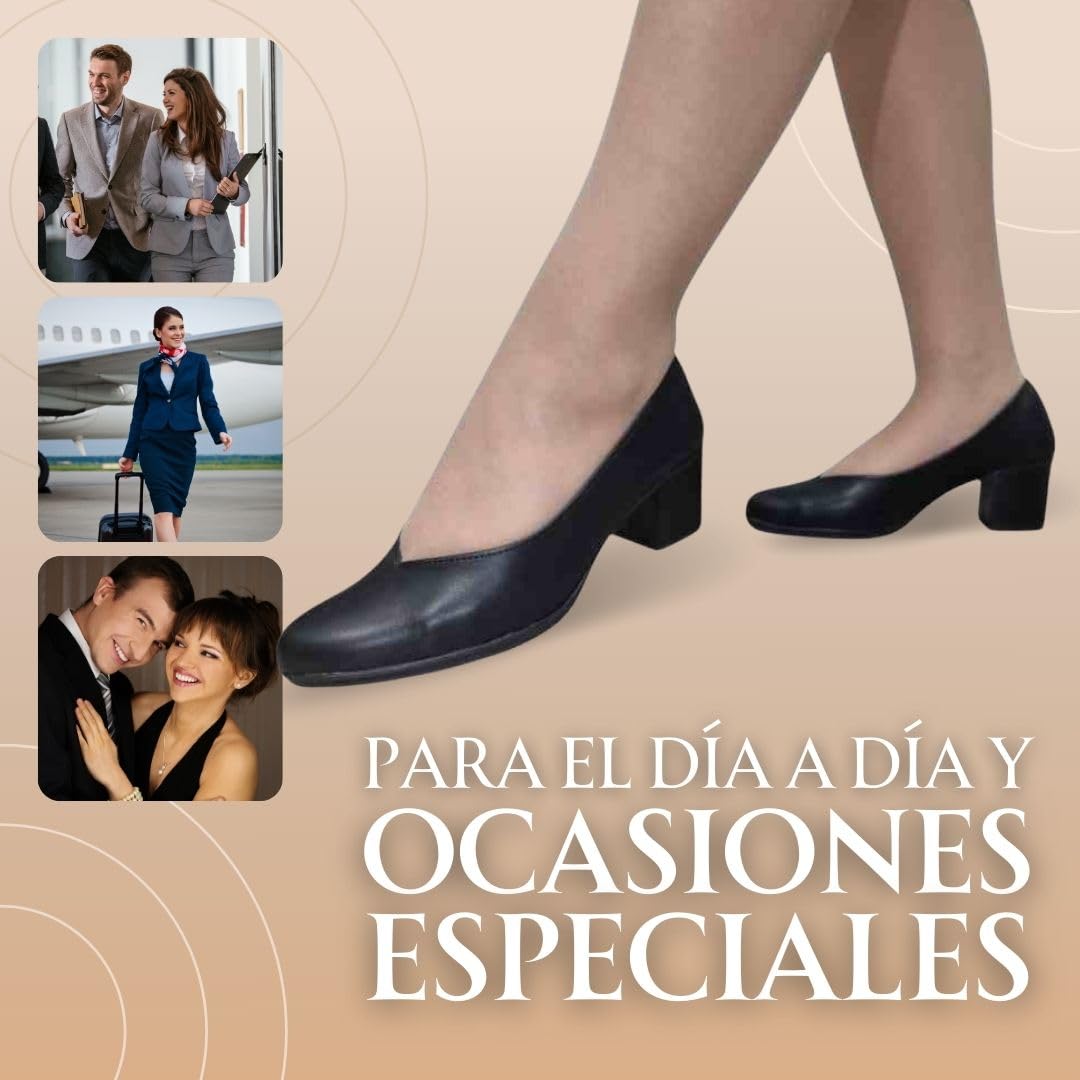 Zapatos de Salón Mujer Belona, Cómodos 24 Horas para Azafatas, Trabajo. Calzado de Piel Fabricado en España Tacón Medio