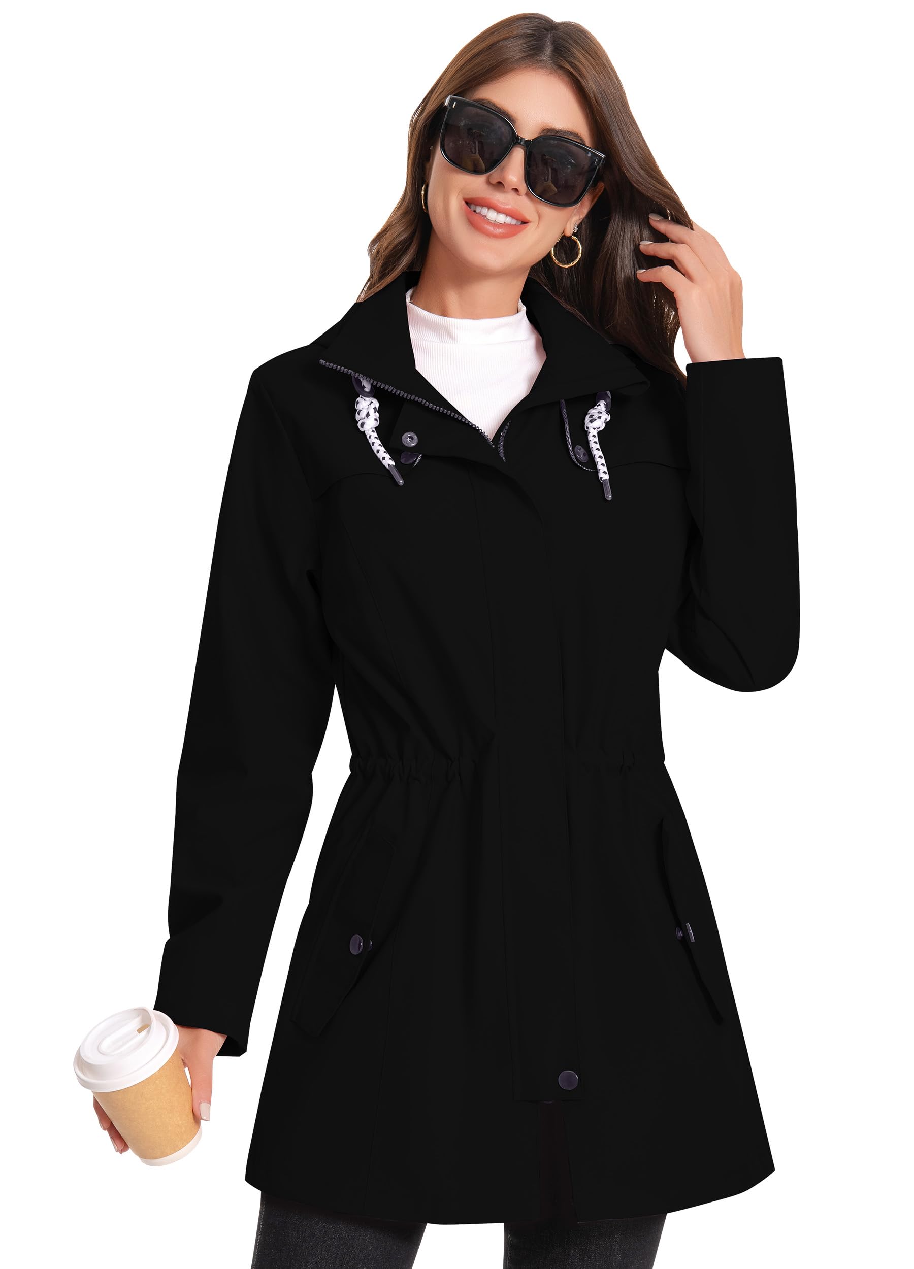 Zdoynto Regenjacke Regenmantel Damen Kapuze Lang Women Rain Jacket Frauen Übergangsjacke Softshelljacke Wasserdicht Trenchcoat Outdoor Schwarz S