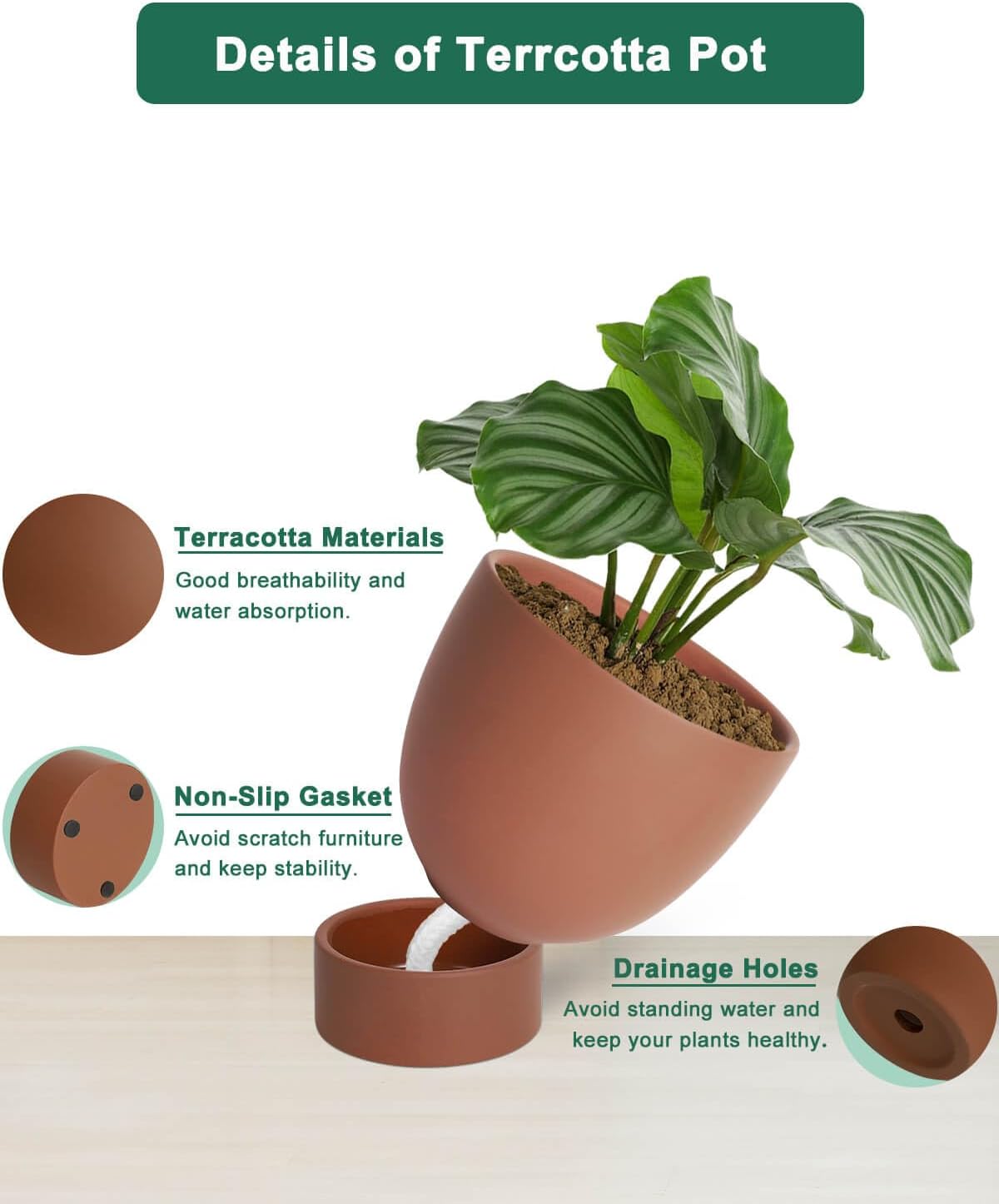vensovo Dark Terracotta Self Watering Plant Pot - 2 PCS 6 Inch & 8 Inch Terra Cotta Plant Pot with Drainage Hole and Saucer, Small & Large Clay Flower Pot with Tray, Planter for Indoor Outdoor