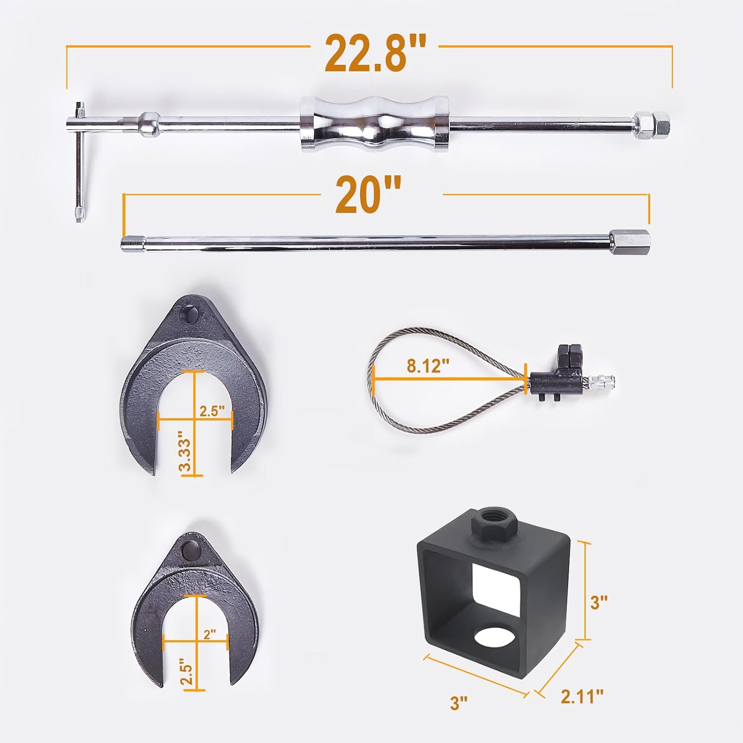 Heavy Duty Inner CV Joint Puller Slide Hammer Set, Front Wheel Drive Axle Half Shaft Removal Tool Kit with 63mm & 48mm CV Joint Fork Adapters, A Reinforced Cable Adapter, And External CV Joint Puller