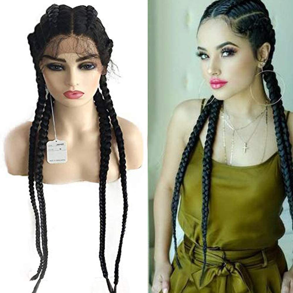 Long Black Braided Wigs for Black Women Soft Full Box Braids Glueless Lace Front Wigs with Baby Hair Natural Hairline Knotless Cornrow Braid Wig Synthetic Heat Resistant Fiber Cosplay Halloween 30Inch - Image 2