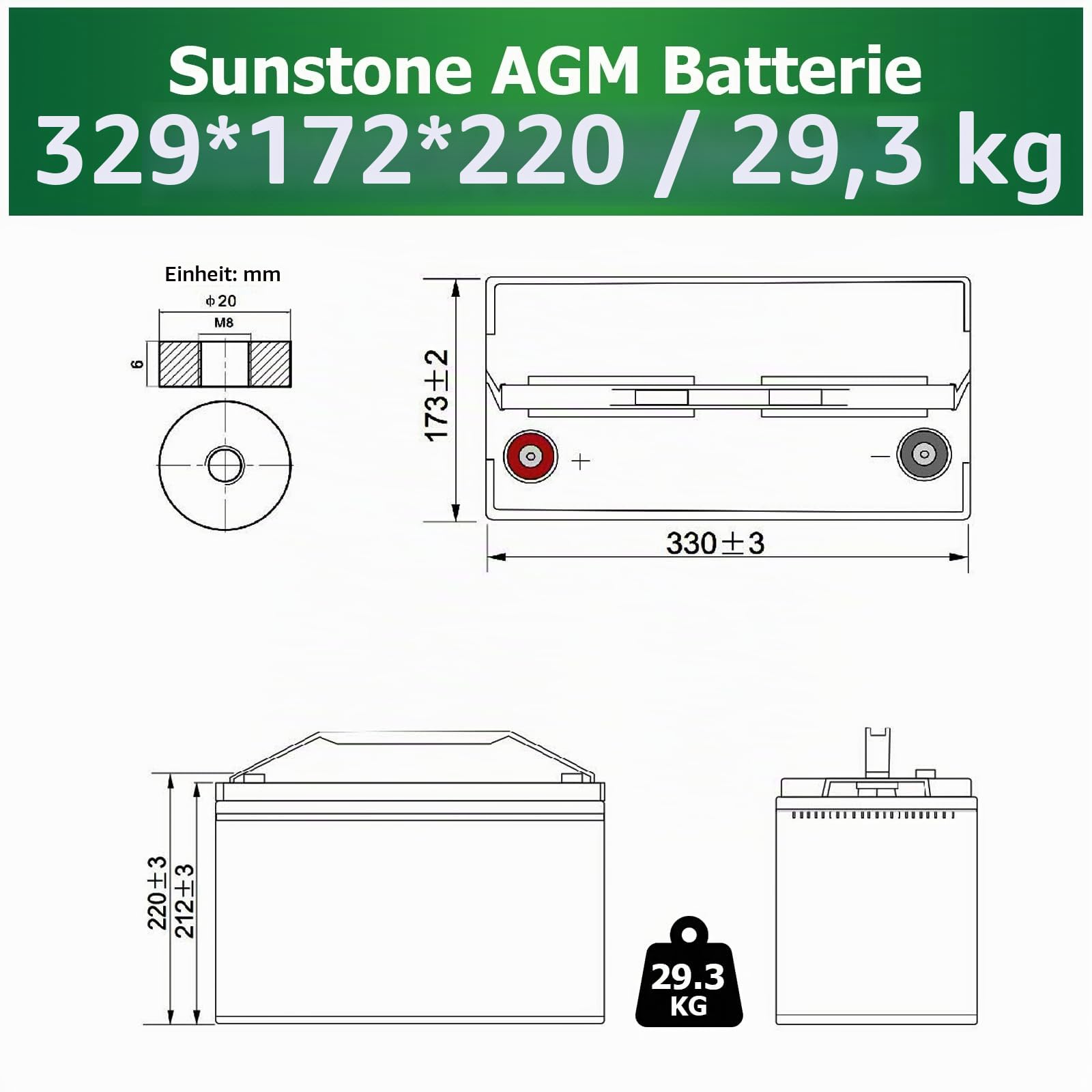 Sunstone wartungsfreier Blei Gel Batterie 12V 100AH (C10), 0% MwSt, zyklenfest Gel Solarspeicher für PV Anlagen USV Notstromversorgung