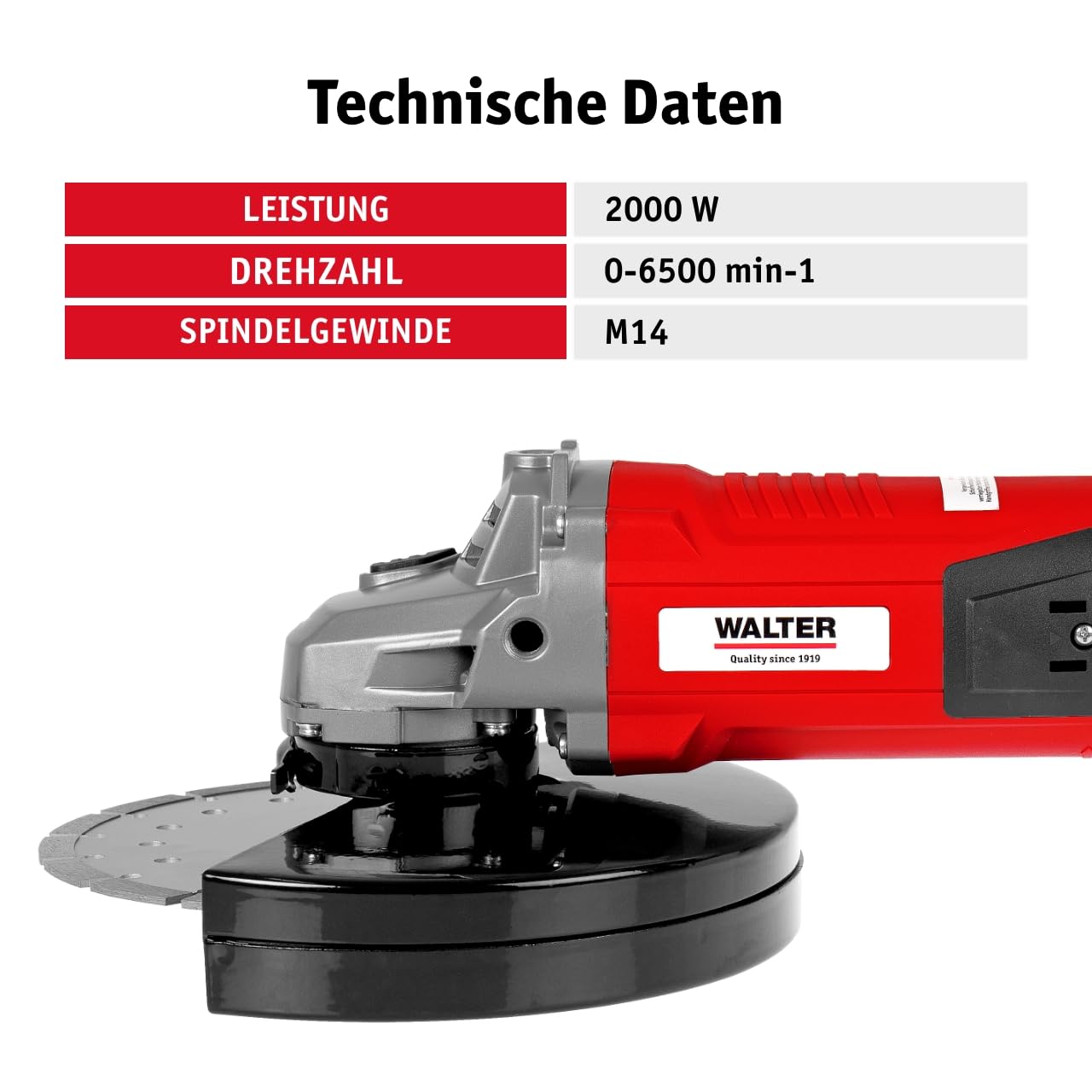 WALTER Winkelschleifer 2000 Watt, Scheiben-Ø: 230 mm, Polieren, Flexen, Flächen und Kanten schleifen, Rost entfernen, Messer schärfen, Bearbeiten harte Werkstoffe wie Stein & Metall, Beton, Fliesen