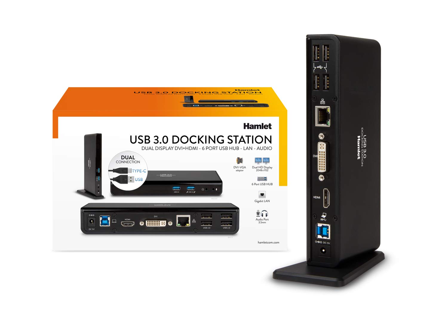 Hamlet HDOCKS300TC - Docking Station con Porte di Espansione per Notebook con Doppia Interfaccia USB 3.0 TYPE-C e Type-A, Dotato di Porte Video HDMI+DVI+ HUB 6P +LAN Gigabit + 2x Jack Audio 3.5mm