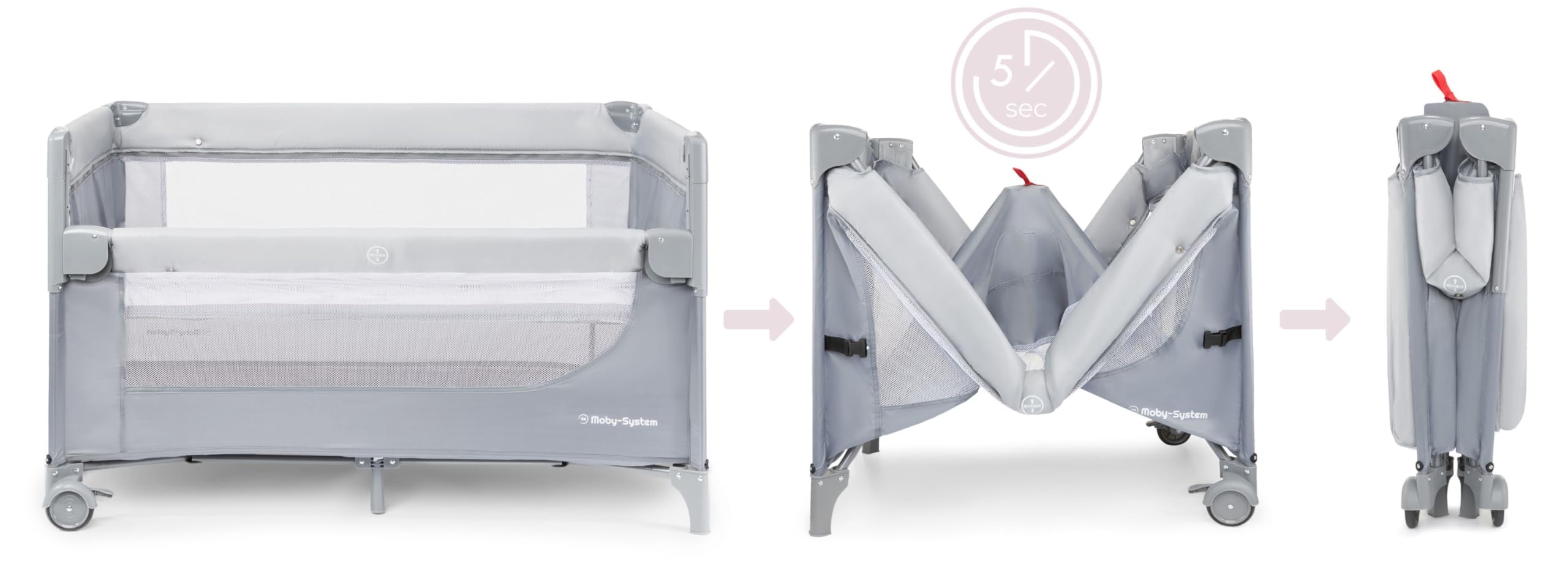 Moby-System Closely 3in1 Beistellbett Baby - Reisebett Baby mit Wickelauflage, Matratze, Transporttasche - Höhenverstellbares Beistellbett, Laufstall (6 Teile)