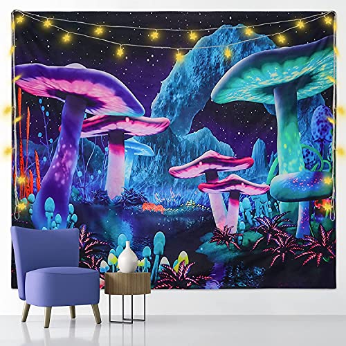 Psychedelic mushroom tapestries, starry bedroom aesthetic tapestries, fantasy plant tapestries, shower curtain psychedelic tapestries plus 20-foot LED star lights for home decoration (H51.2Ã—W59.1)