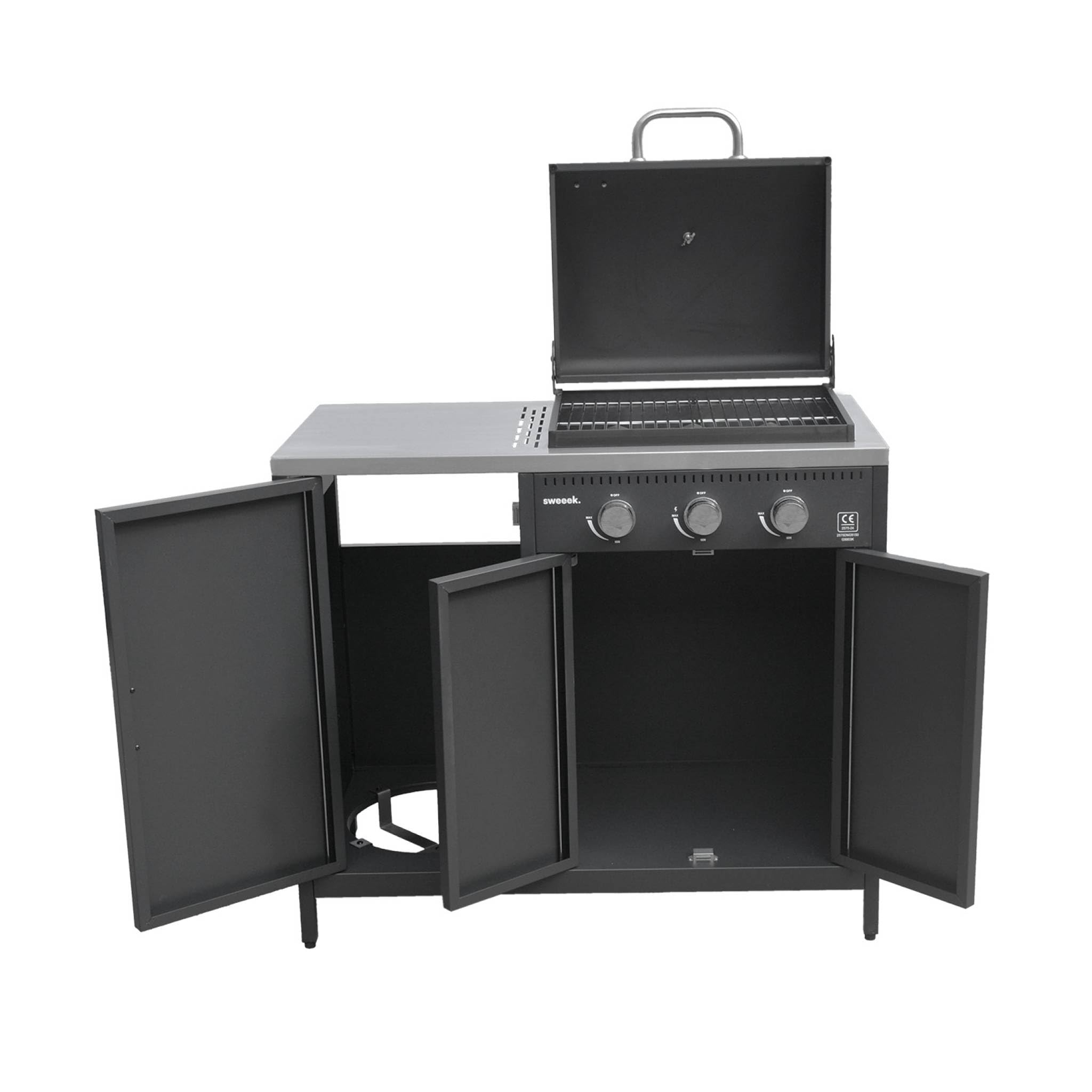 sweeek Barbecue a Gas 3 bruciatori, 3 Ante, 2 spazi di stoccaggio Nero - 100x51x87.5 cm