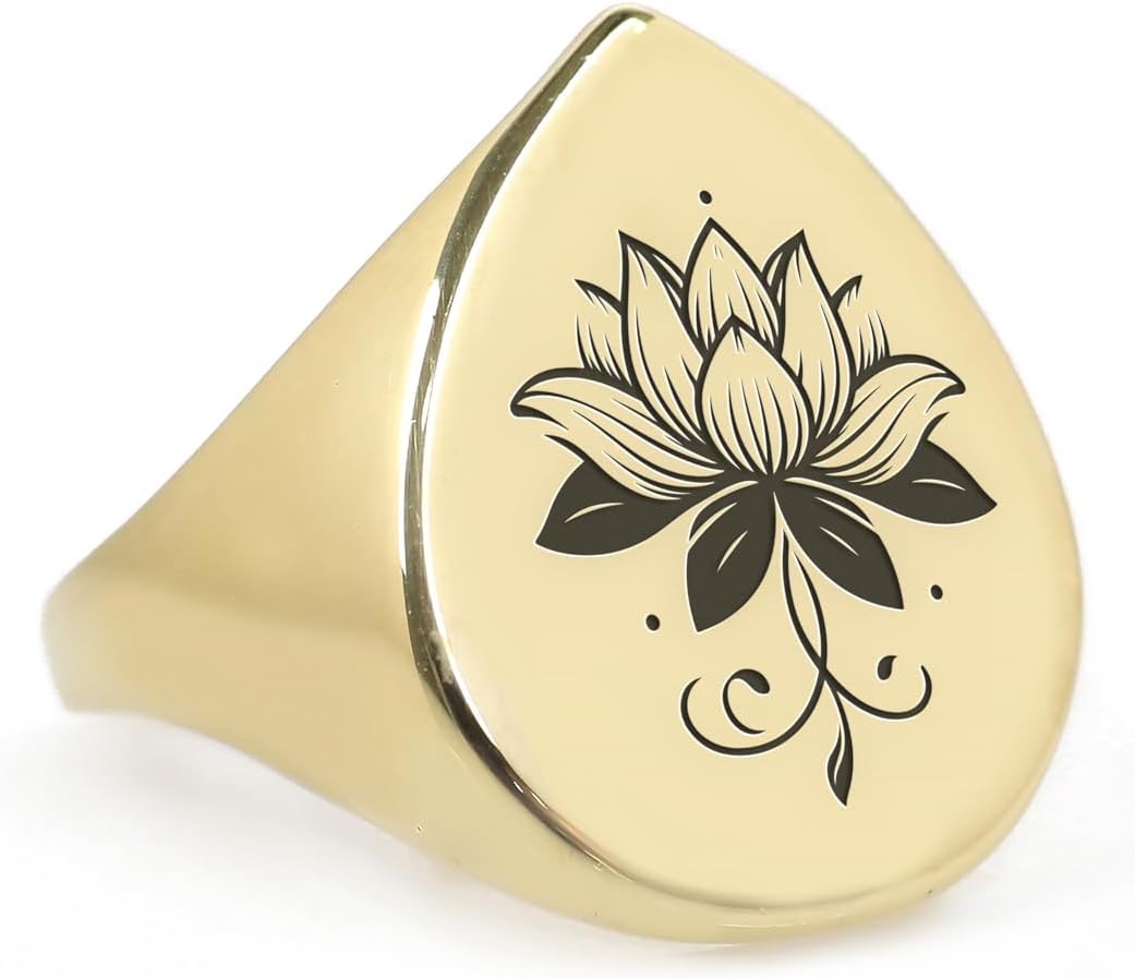 14k Gold Lotus Flower Ring - Custom Engraved Lotus Ring - Pear Shaped Bold Statement Jewelry