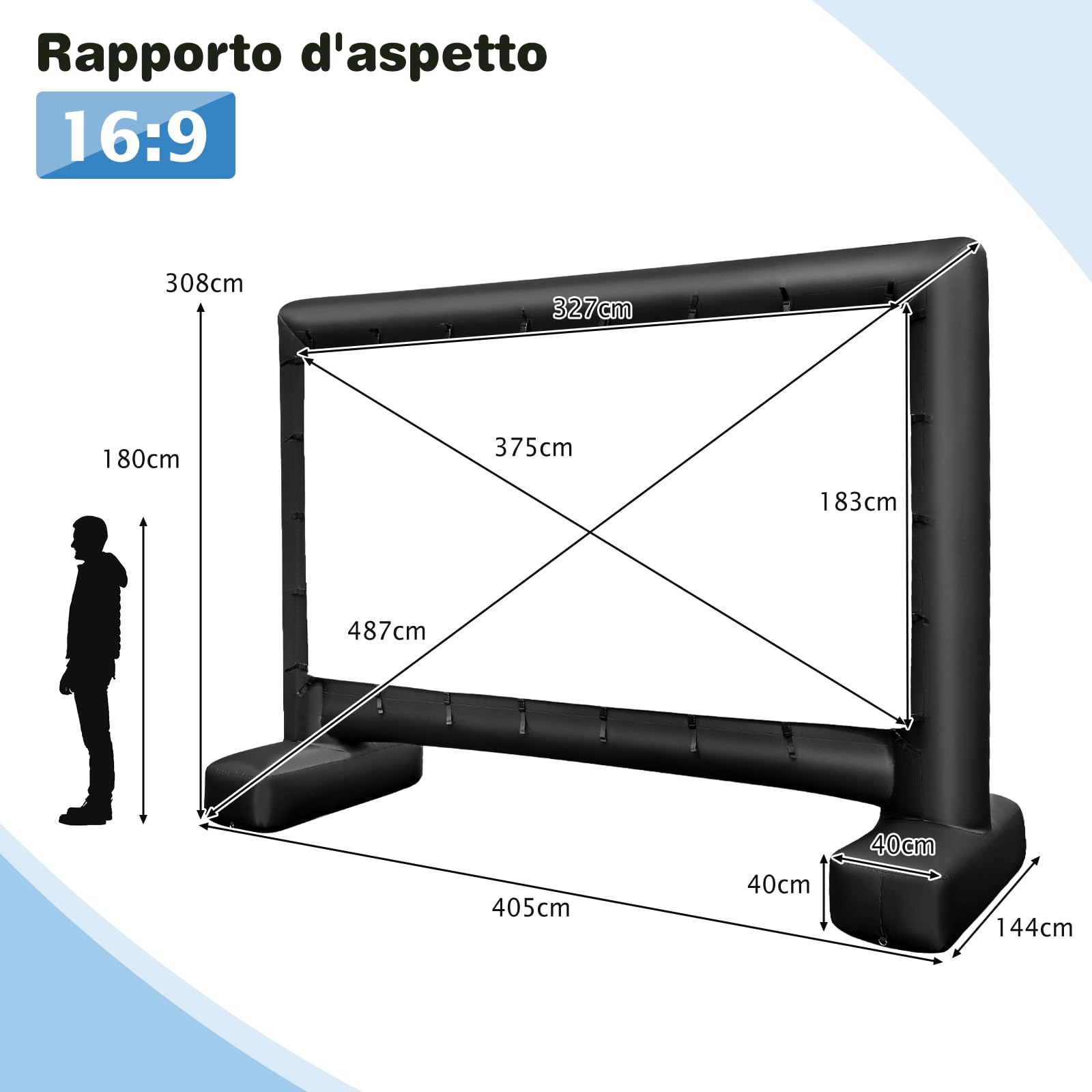 GYMAX 5 M Schermo Proiettore Gonfiabile, Telo Proiettore per Film con Soffiatore d'Aria, Borsa, Picchetti, per Giardino, Terrazzo, Esterno