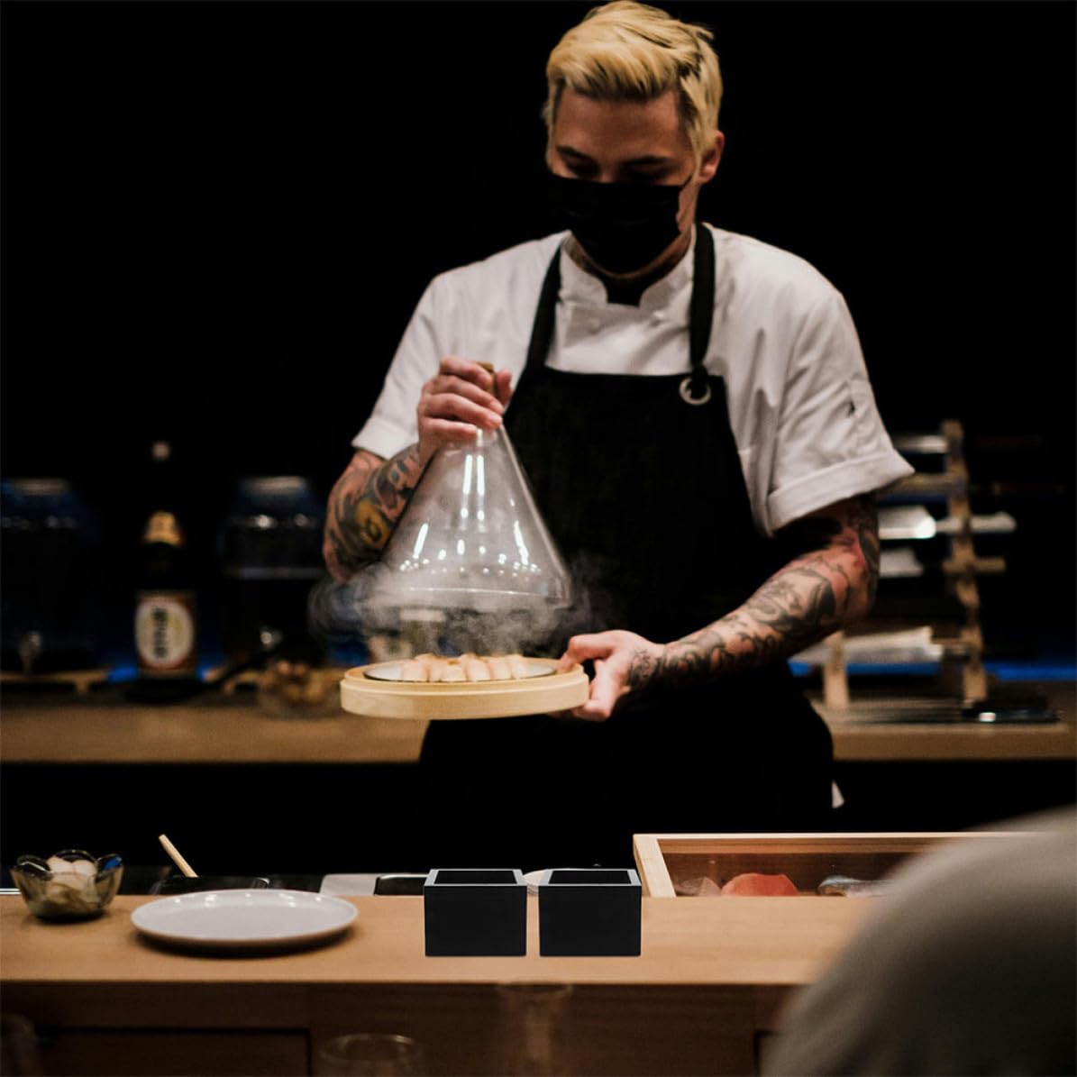 Operitacx 3 Stück Japanisches Sake Becher aus Schwarzem Holz mit Quadratischem Design und Duftverstärkung für Sushi Restaurants und Vielseitige Nutzung