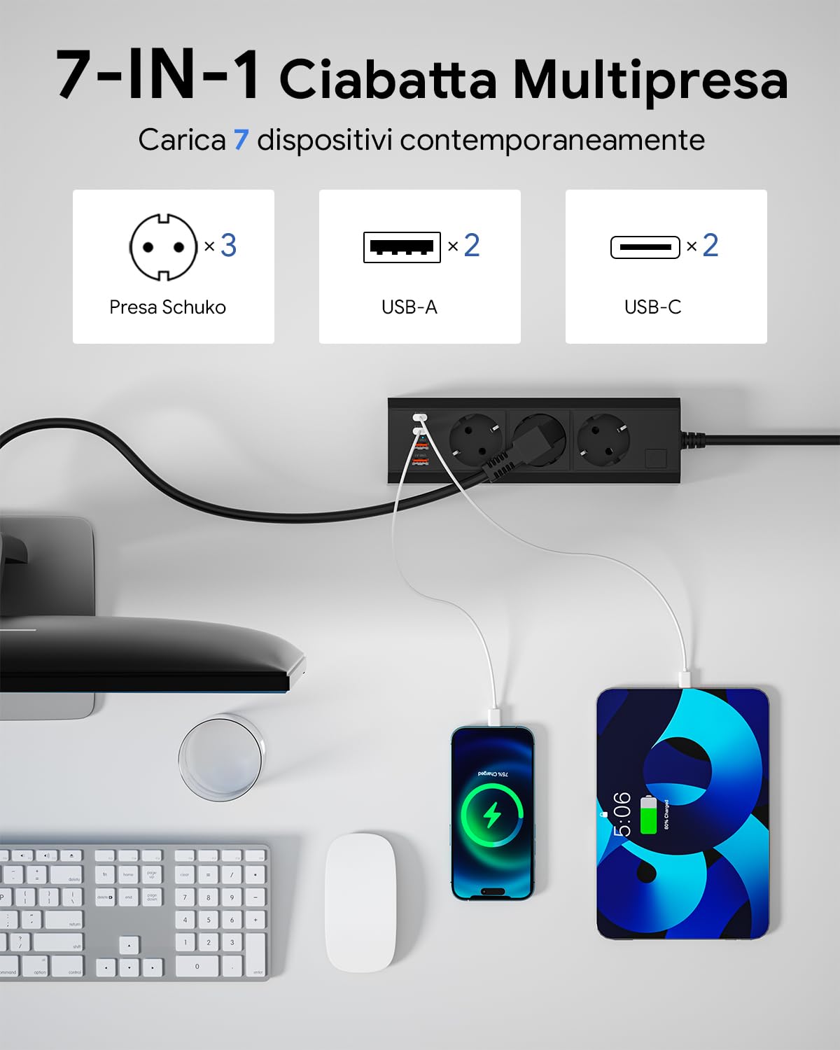 WENTONG Ciabatta Multipresa con 3 Schuko e 4 USB, Presa Multipla con Interruttore e 1.5 M Cavo, 2500W Multipresa da Scrivania Piatta 10A, per Ufficio, Famiglia, Cucina e Viaggio