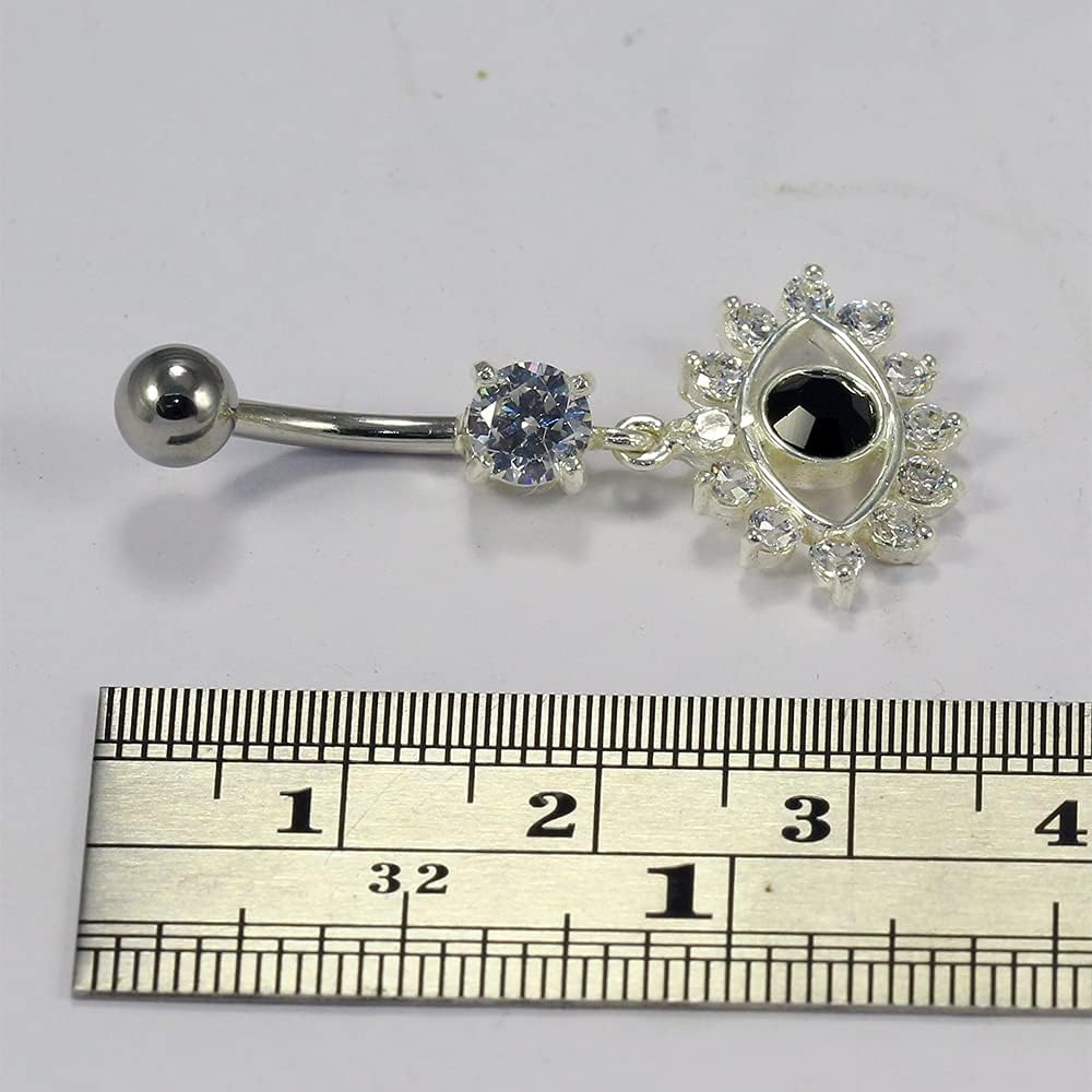 Round with Eye Dangling Design 925 Sterling Silver with Stainless Steel Belly Ring - Belly Button jewelry - Navel jewelry
